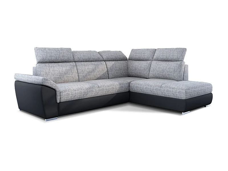 Canapé angle droit convertible tissu gris chiné et simili cuir noir avec appuis-tête réglables Kepita 260cm