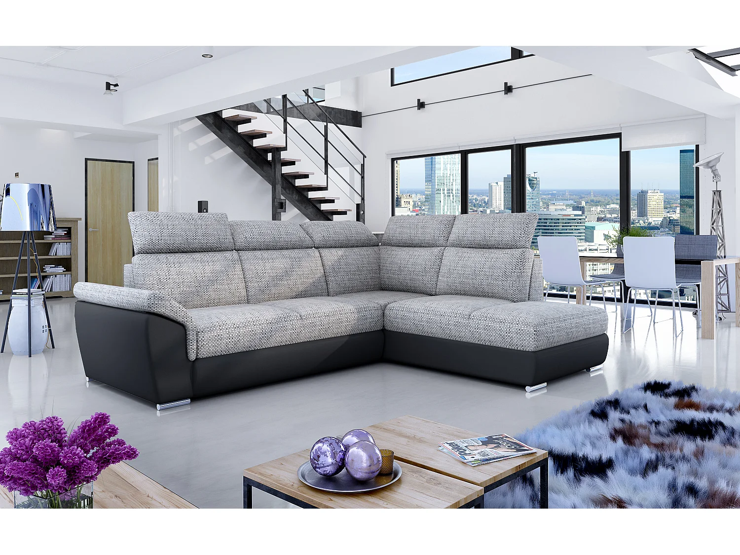 Canapé angle droit convertible tissu gris chiné et simili cuir noir avec appuis-tête réglables Kepita 260cm