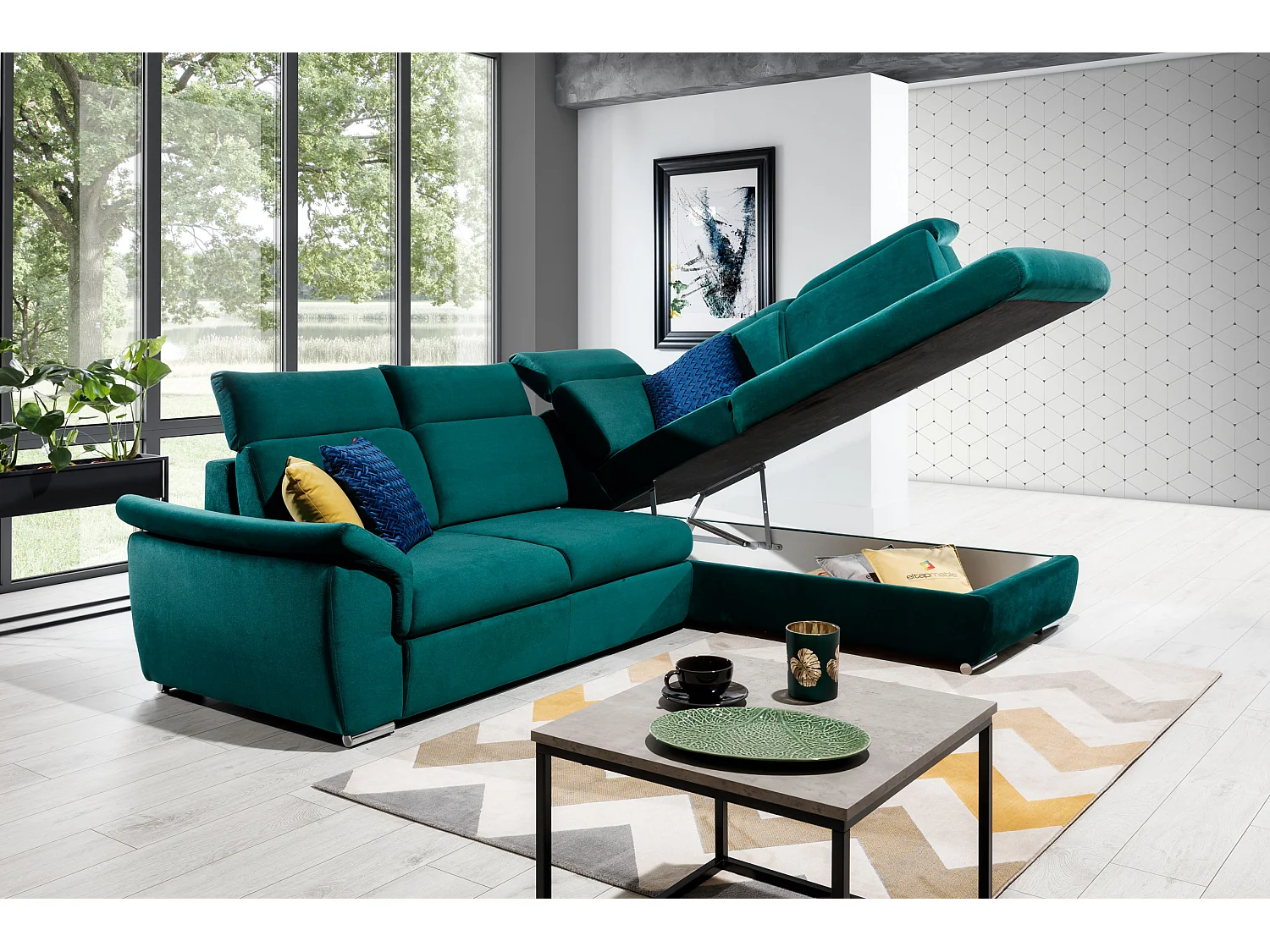 Canapé angle droit convertible tissu gris chiné et simili cuir noir avec appuis-tête réglables Kepita 260cm