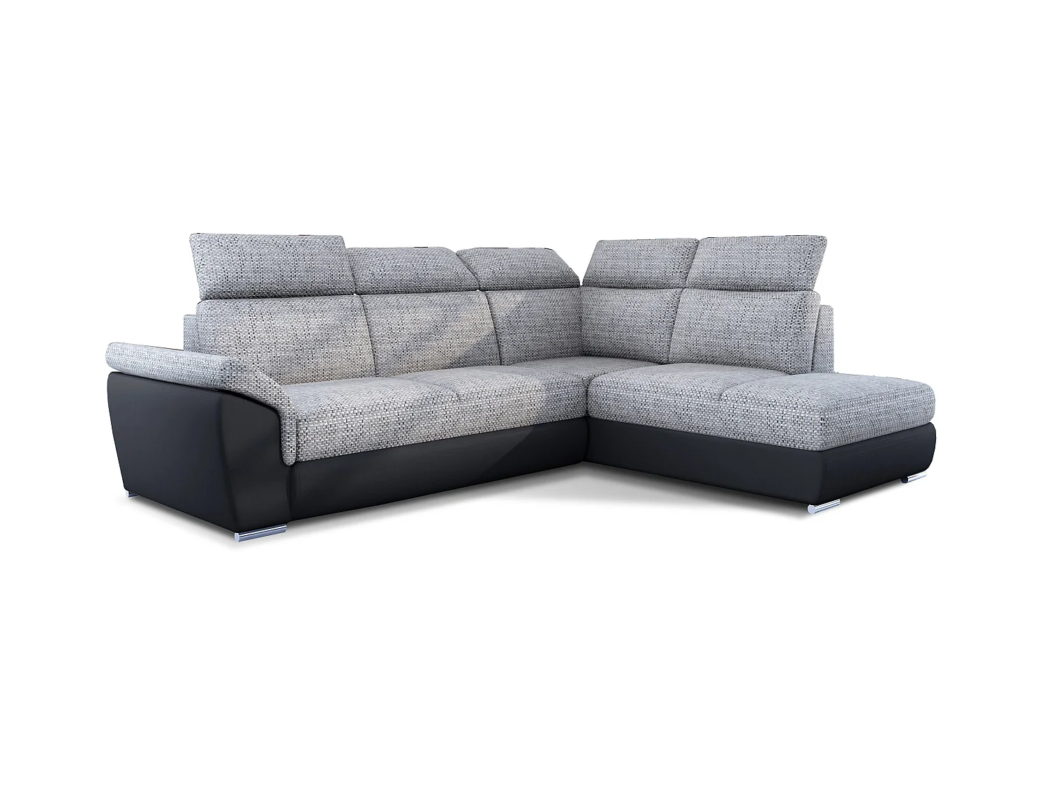 Canapé angle droit convertible tissu gris chiné et simili cuir noir avec appuis-tête réglables Kepita 260cm