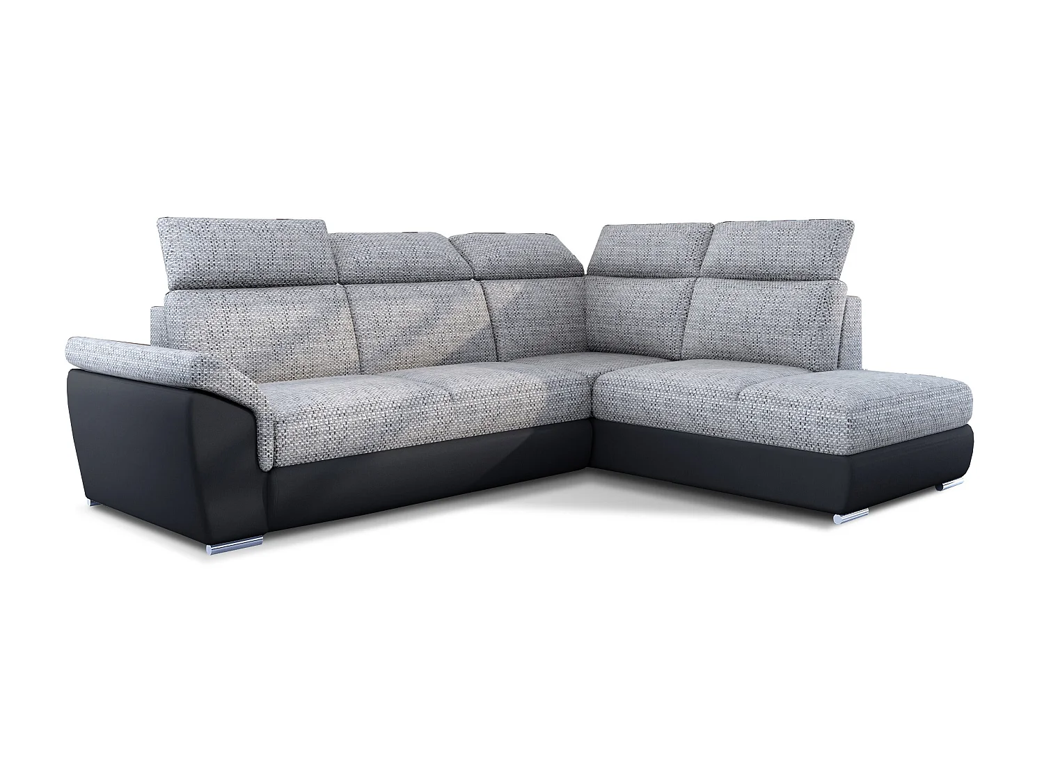 Canapé angle droit convertible tissu gris chiné et simili cuir noir avec appuis-tête réglables Kepita 260cm