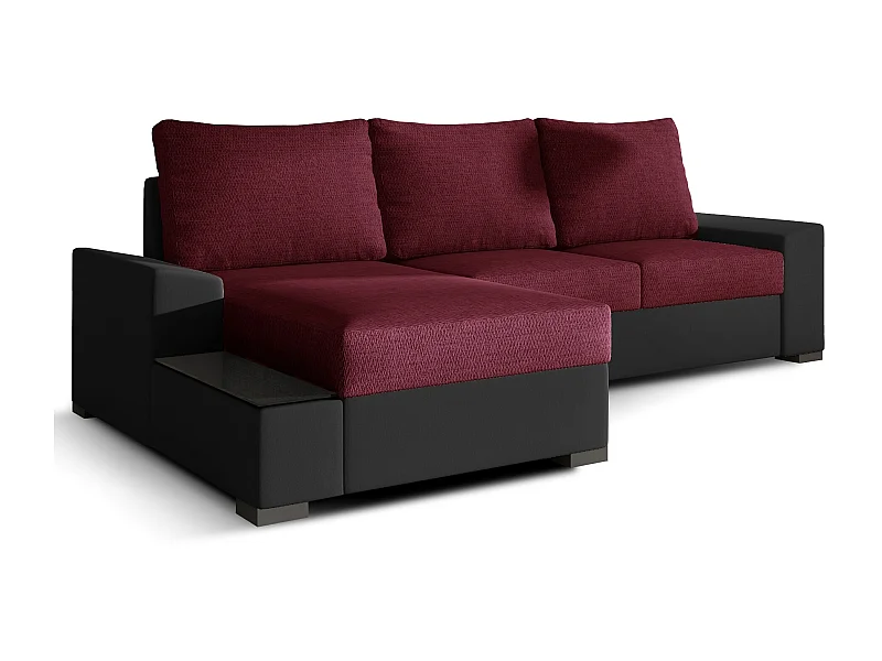 Canapé angle gauche convertible tissu bordeaux et simili noir James 245cm