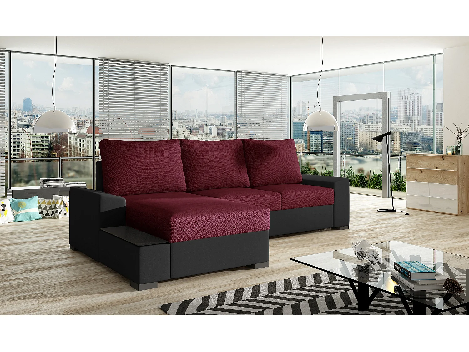 Canapé angle gauche convertible tissu bordeaux et simili noir James 245cm