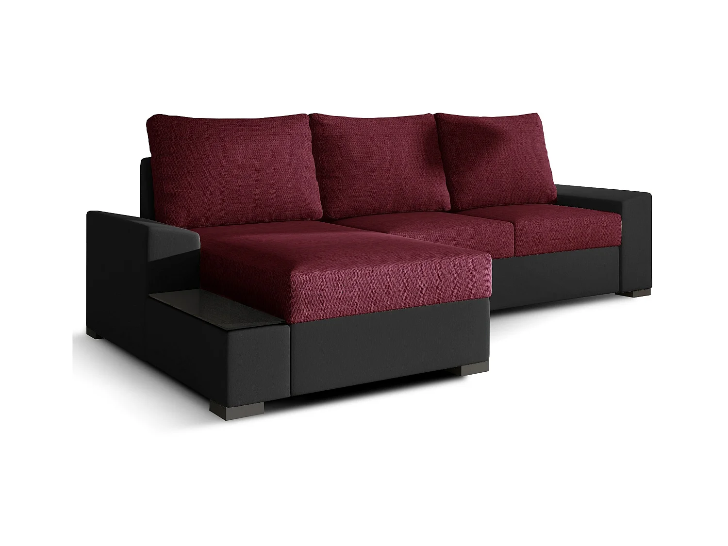 Canapé angle gauche convertible tissu bordeaux et simili noir James 245cm