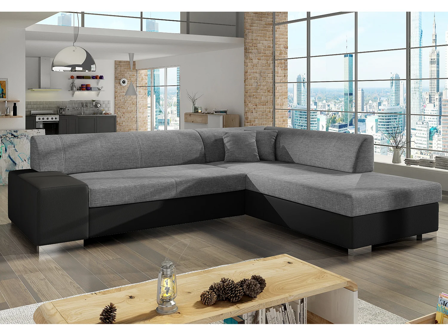 Canapé convertible moderne angle droit tissu gris clair chiné et simili cuir noir Plazo 278cm