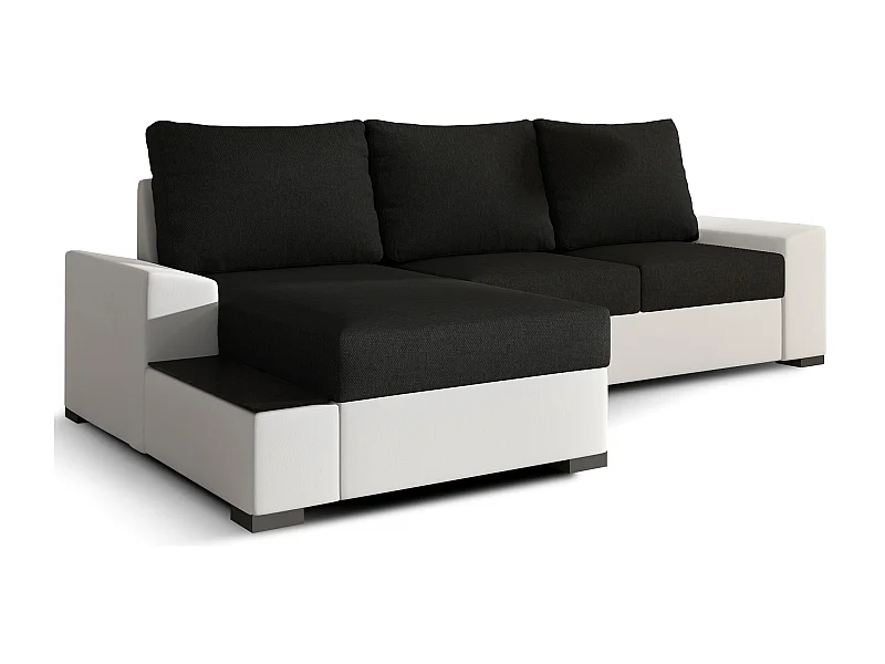 Canapé angle gauche convertible tissu noir et simili blanc James 245cm