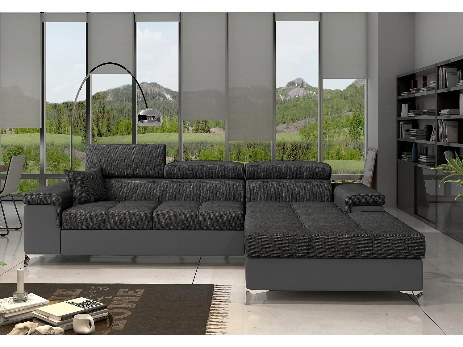 Canapé angle droit convertible tissu et simili gris avec appuis-tête réglables Rikaro 280cm