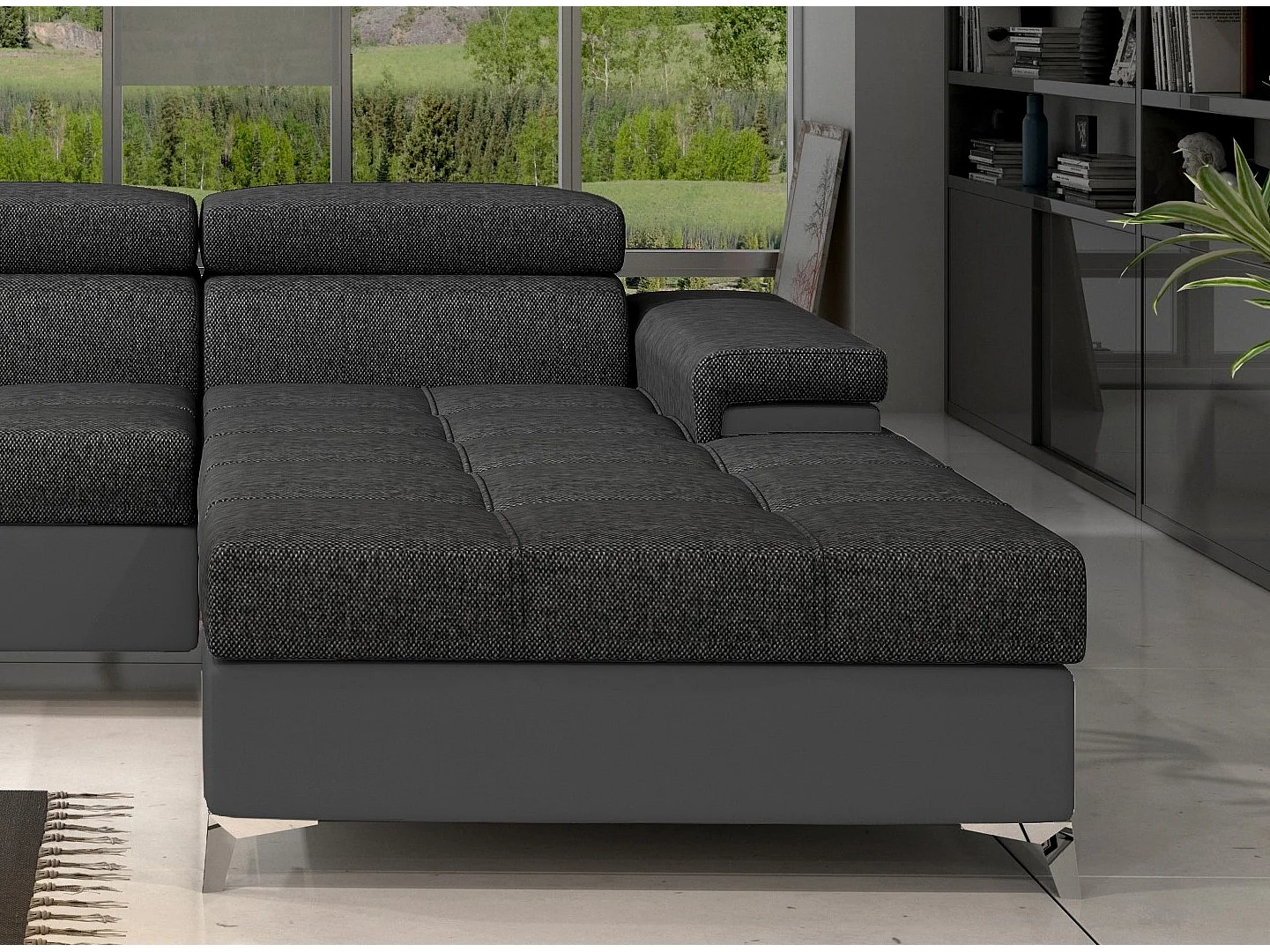 Canapé angle droit convertible tissu et simili gris avec appuis-tête réglables Rikaro 280cm