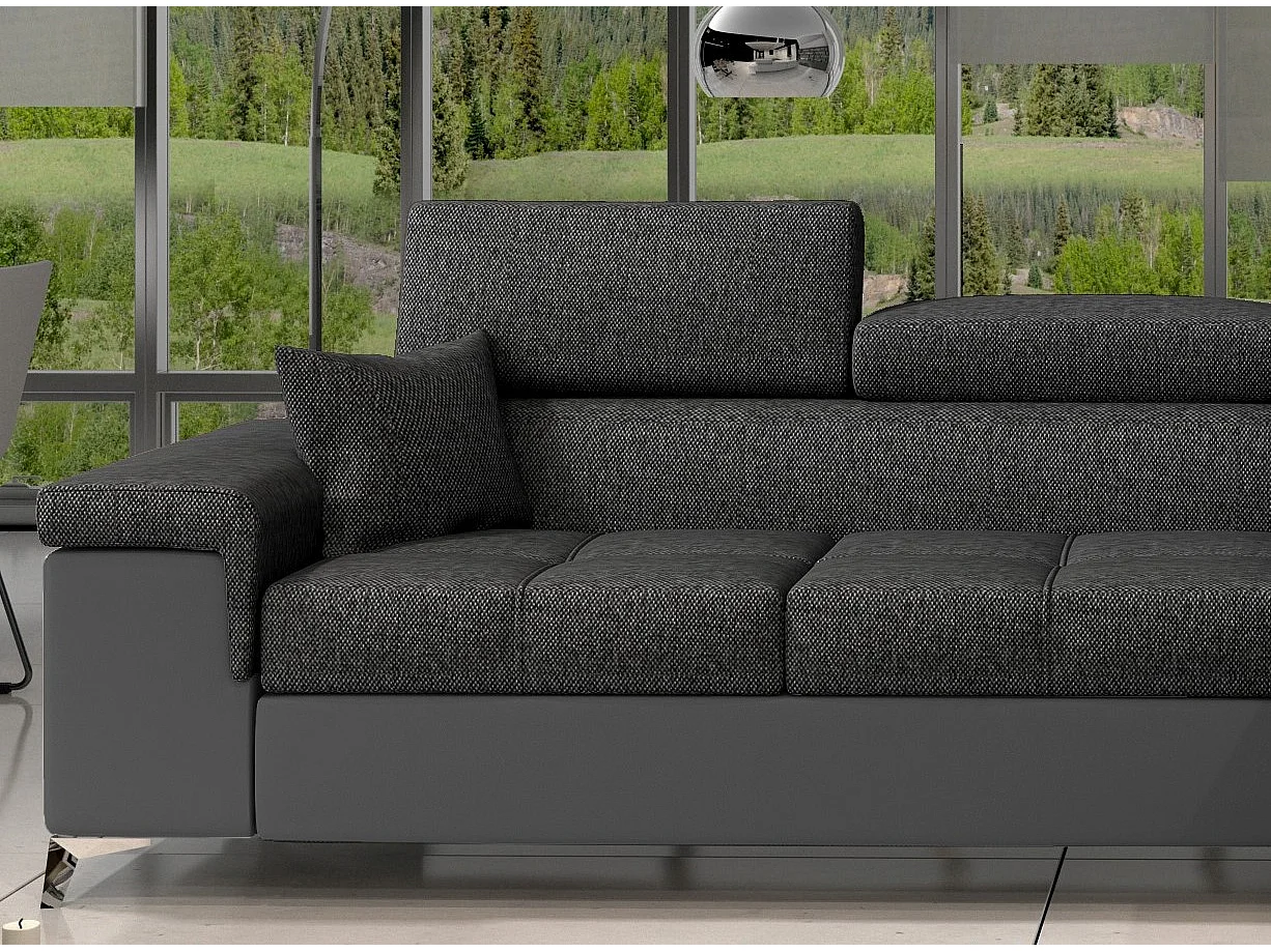 Canapé angle droit convertible tissu et simili gris avec appuis-tête réglables Rikaro 280cm