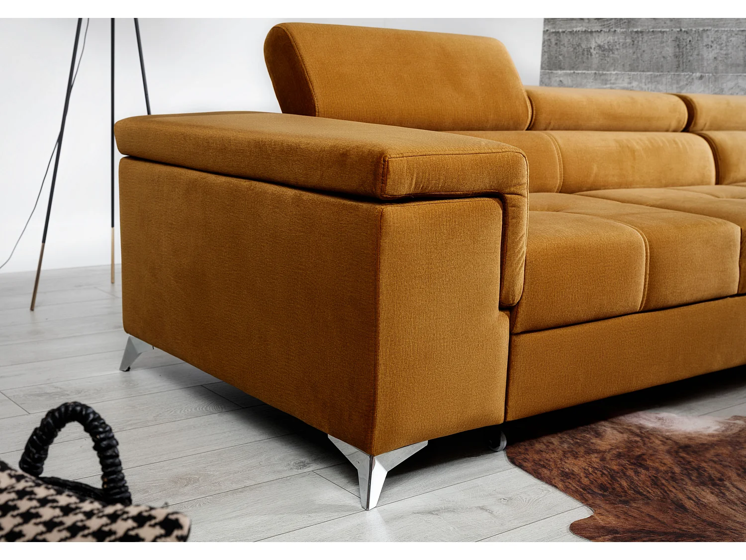 Canapé angle droit convertible tissu et simili gris avec appuis-tête réglables Rikaro 280cm