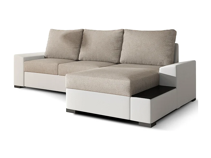 Canapé angle droit convertible tissu beige et simili blanc James 245cm