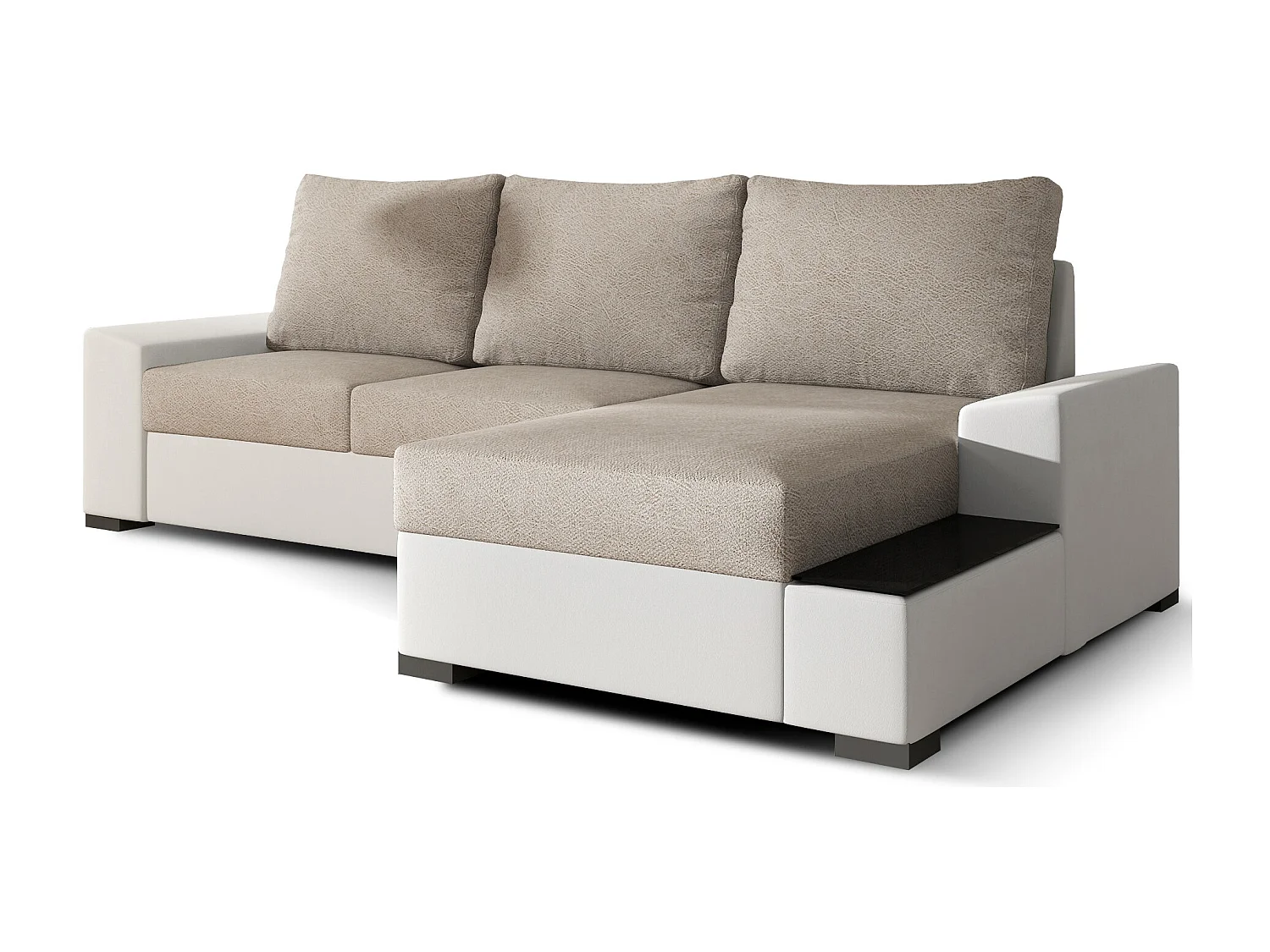 Canapé angle droit convertible tissu beige et simili blanc James 245cm