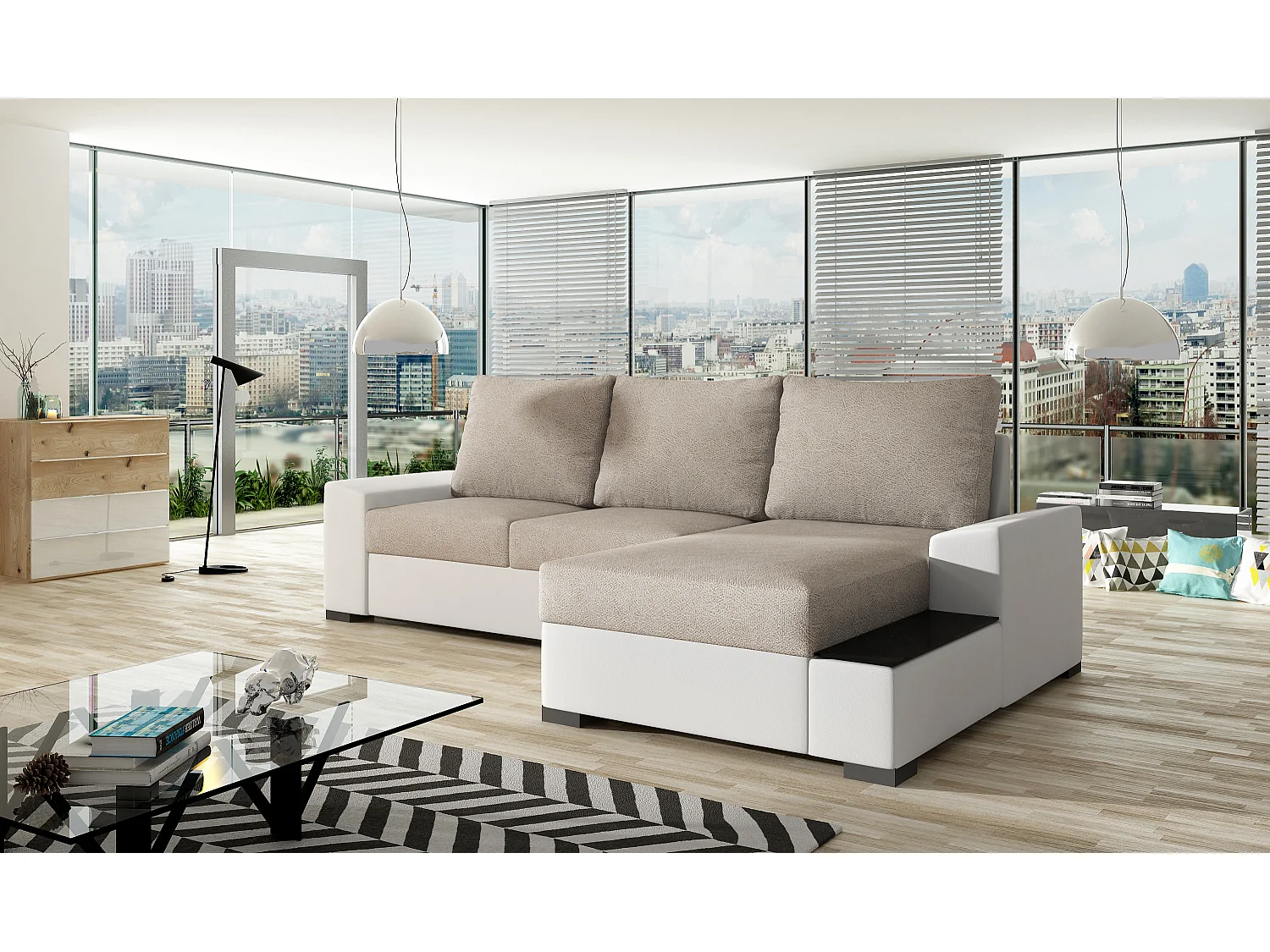 Canapé angle droit convertible tissu beige et simili blanc James 245cm