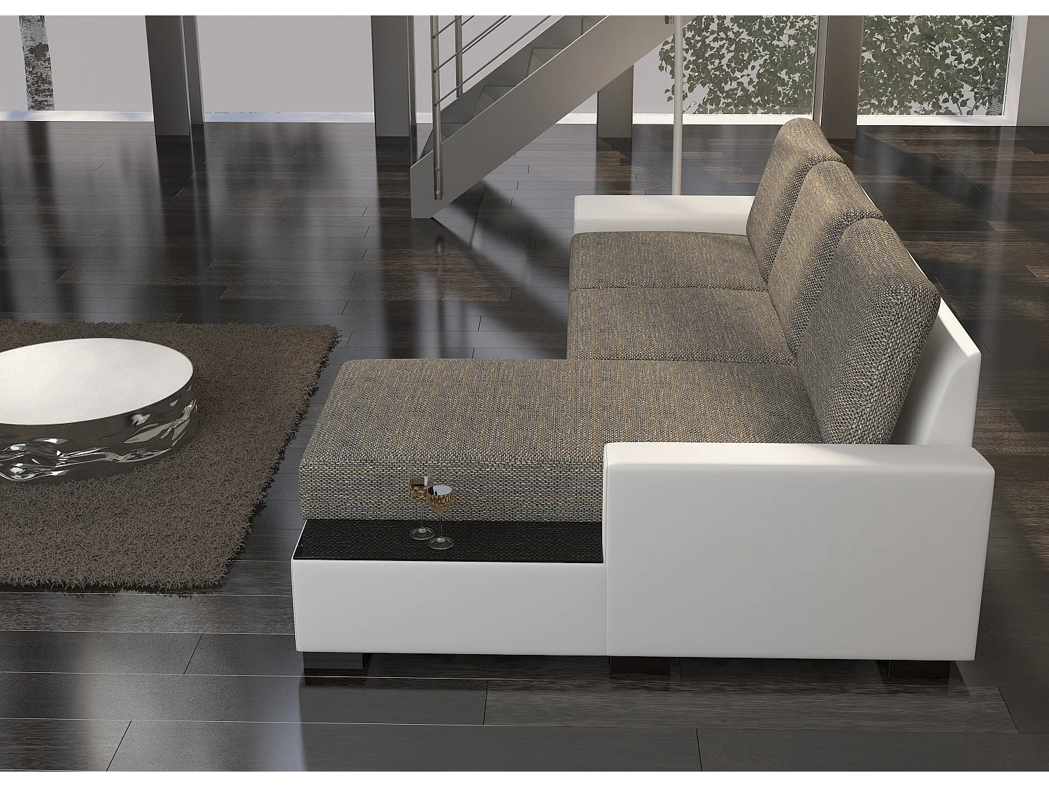 Canapé angle droit convertible tissu beige et simili blanc James 245cm