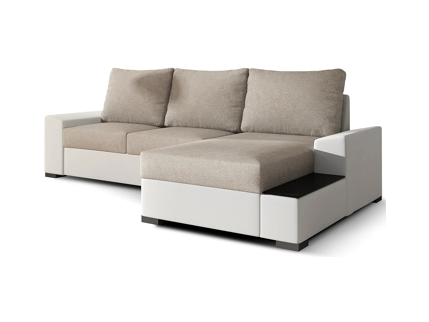 Canapé angle droit convertible tissu beige et simili blanc James 245cm