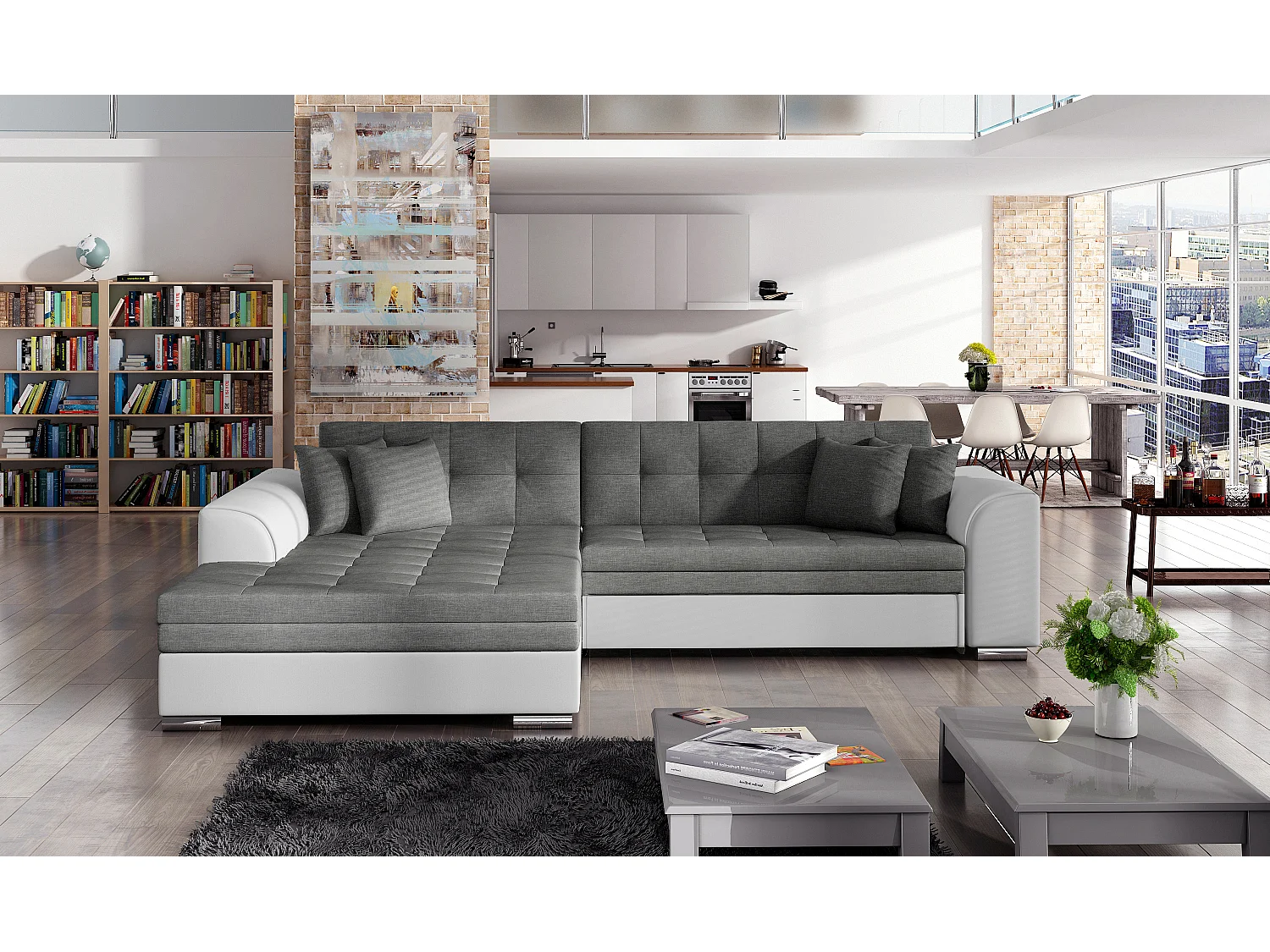 Canapé d'angle gauche convertible 4 places tissu gris foncé et simili blanc Looka 295cm