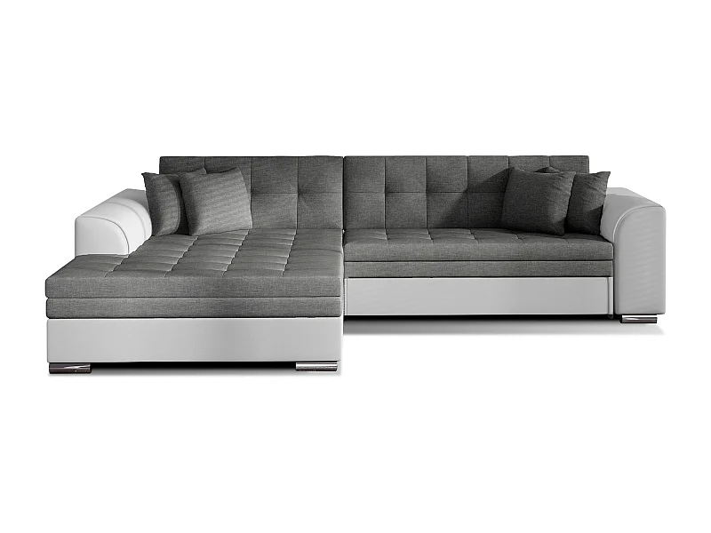 Canapé d'angle gauche convertible 4 places tissu gris foncé et simili blanc Looka 295cm