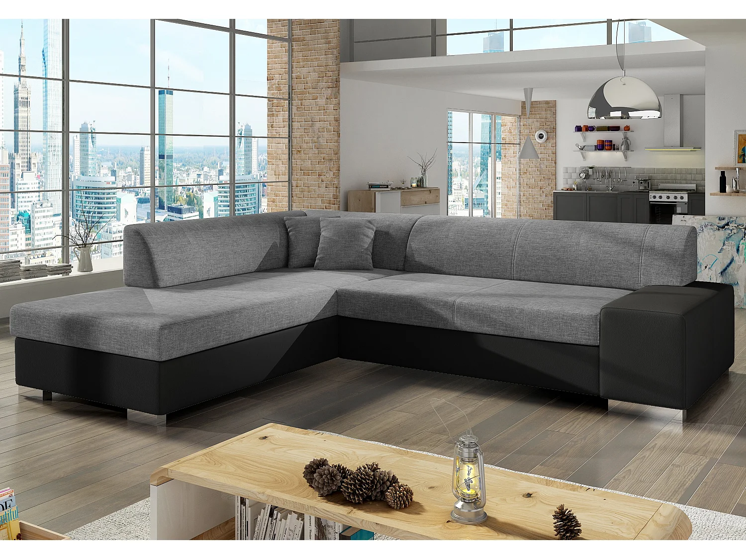 Canapé convertible moderne angle gauche tissu gris clair chiné et simili cuir noir Plazo 278cm