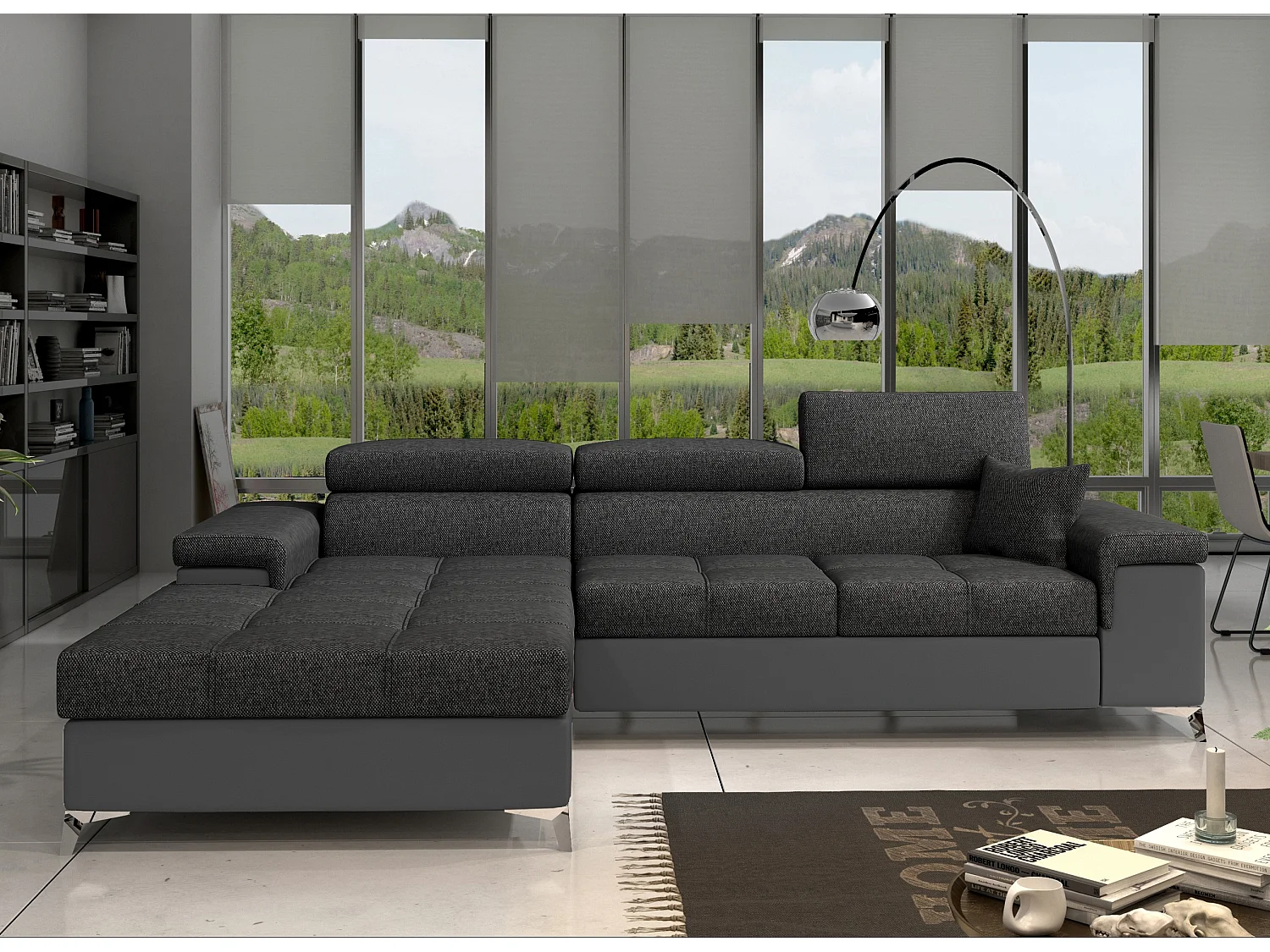 Canapé angle droit convertible tissu et simili gris avec appuis-tête réglables Rikaro 280cm 2