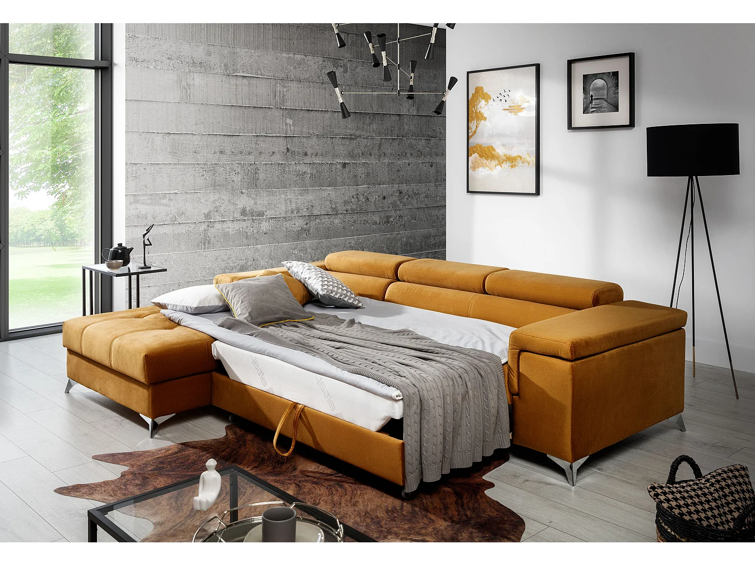 Canapé angle droit convertible tissu et simili gris avec appuis-tête réglables Rikaro 280cm 2