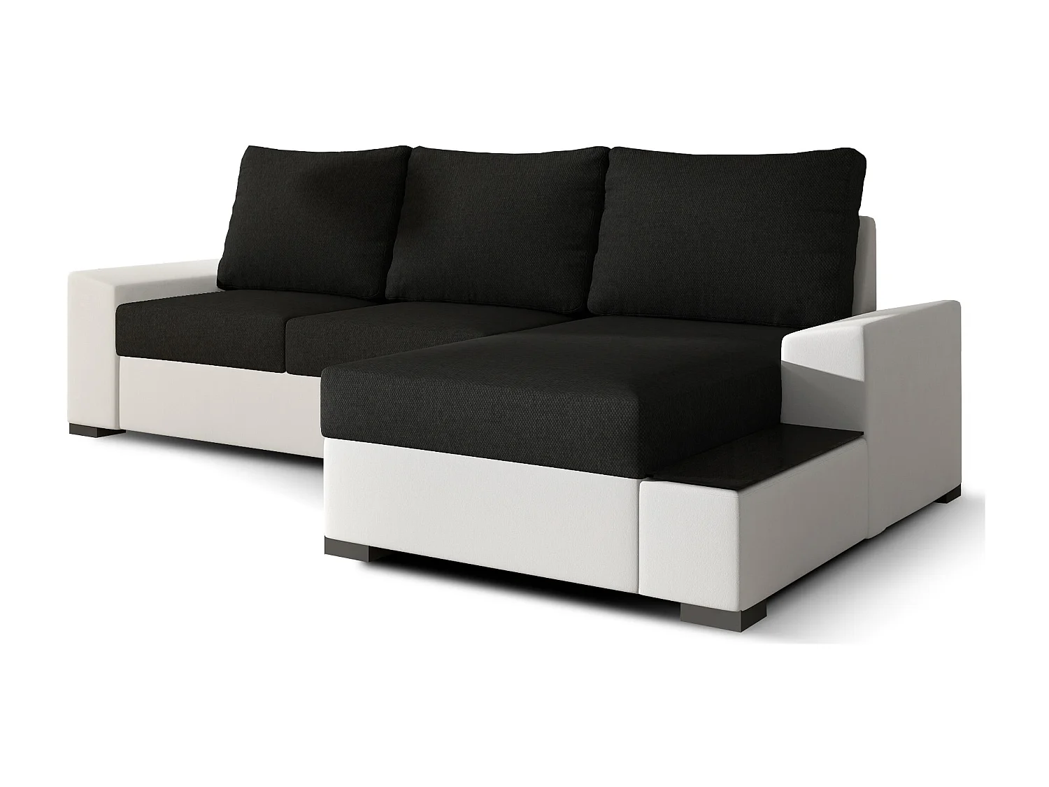 Canapé angle droit convertible tissu noir et simili blanc James 245cm