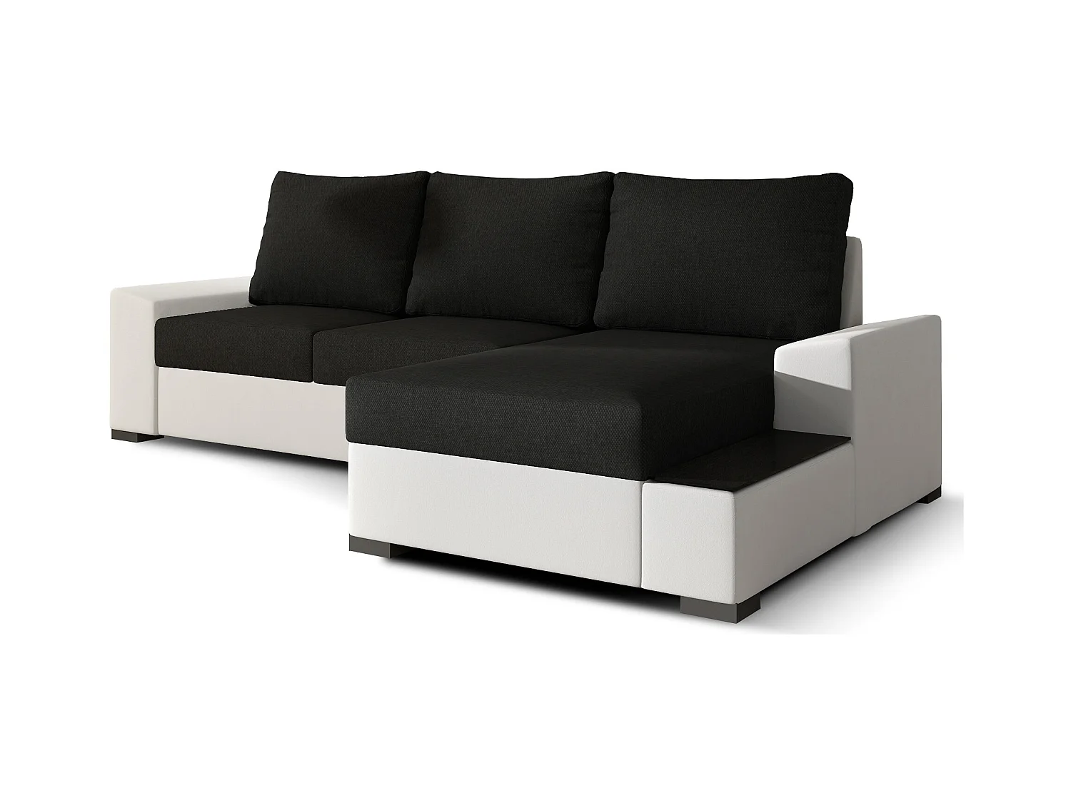 Canapé angle droit convertible tissu noir et simili blanc James 245cm