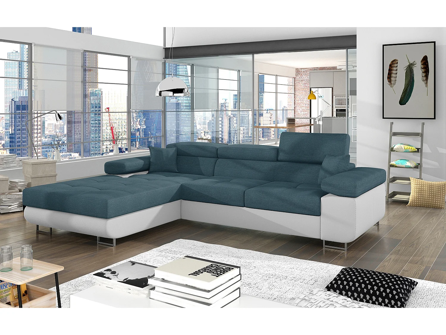 Canapé d'angle convertible Bi matière appuis-tête réglables KALIZO - Coffre et pieds acier chromé-Blanc/Bleu-angle gauche