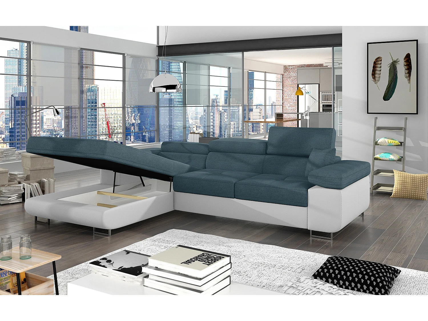 Canapé d'angle convertible Bi matière appuis-tête réglables KALIZO - Coffre et pieds acier chromé-Blanc/Bleu-angle gauche