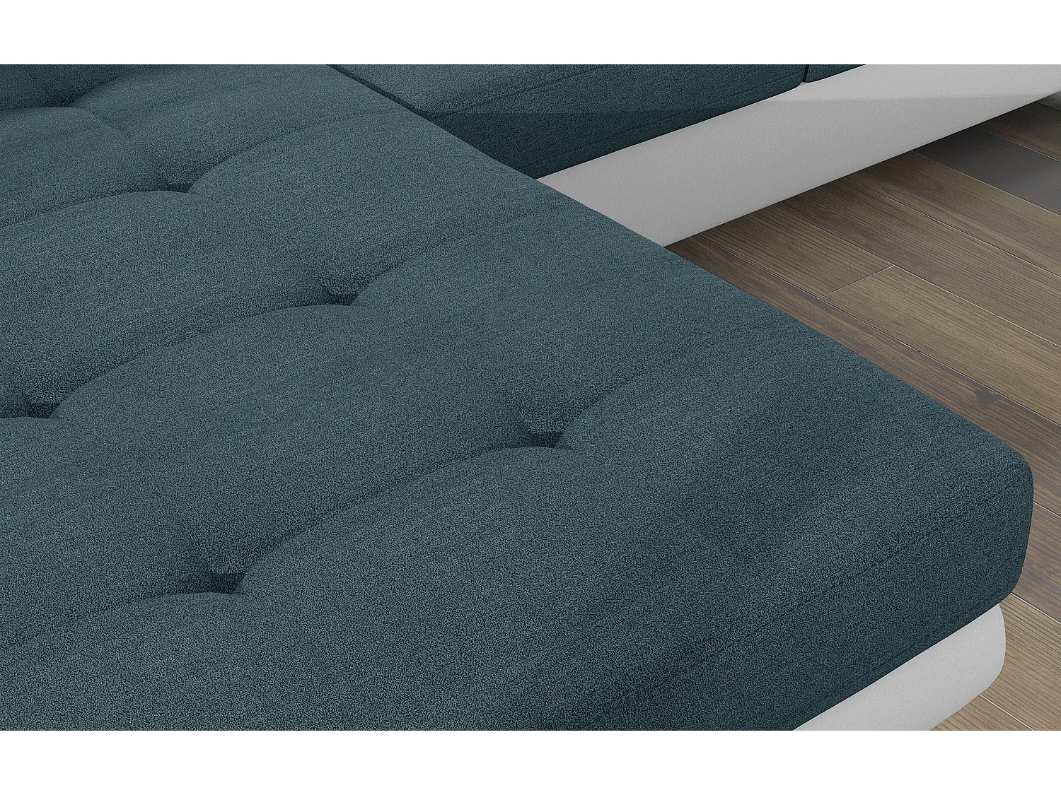 Canapé d'angle convertible Bi matière appuis-tête réglables KALIZO - Coffre et pieds acier chromé-Blanc/Bleu-angle gauche