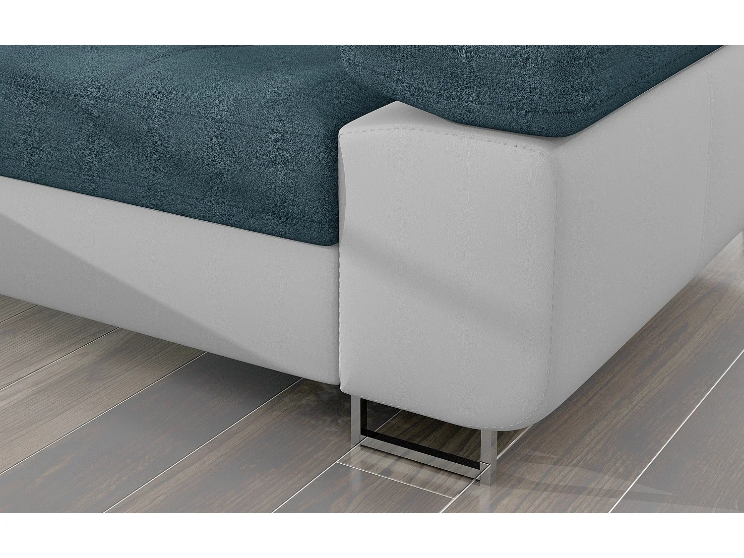 Canapé d'angle convertible Bi matière appuis-tête réglables KALIZO - Coffre et pieds acier chromé-Blanc/Bleu-angle gauche