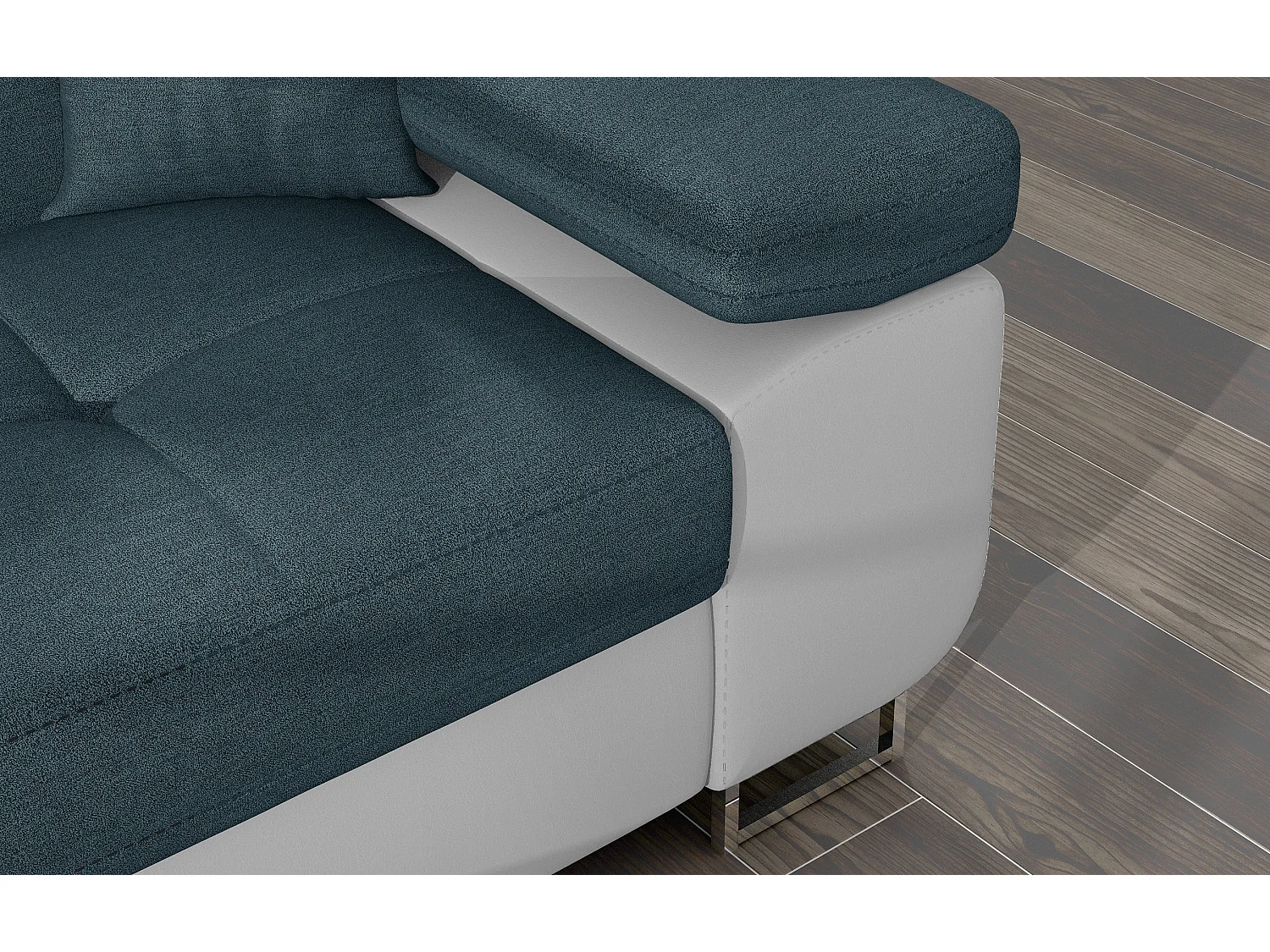 Canapé d'angle convertible Bi matière appuis-tête réglables KALIZO - Coffre et pieds acier chromé-Blanc/Bleu-angle gauche