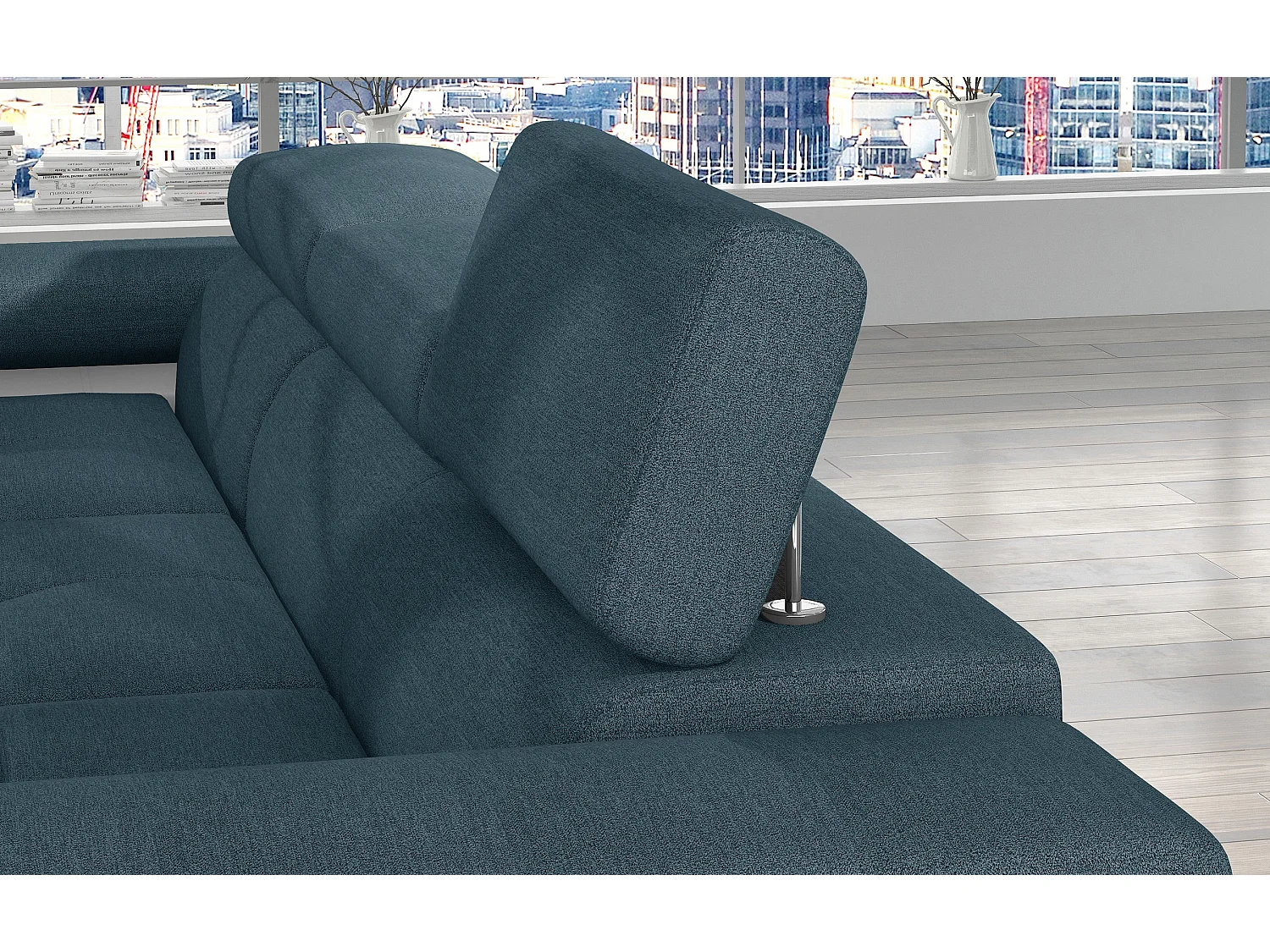 Canapé d'angle convertible Bi matière appuis-tête réglables KALIZO - Coffre et pieds acier chromé-Blanc/Bleu-angle gauche