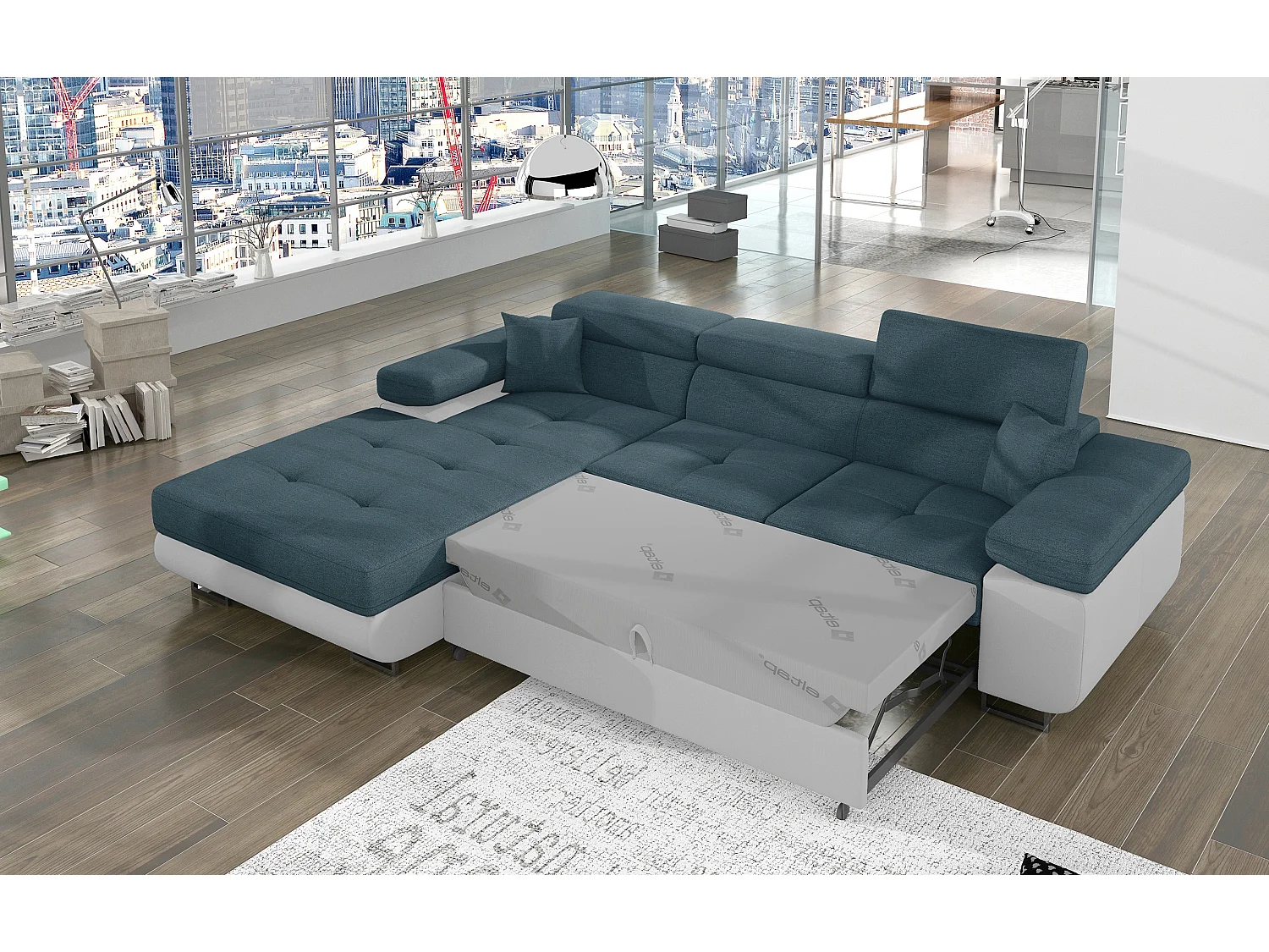 Canapé d'angle convertible Bi matière appuis-tête réglables KALIZO - Coffre et pieds acier chromé-Blanc/Bleu-angle gauche