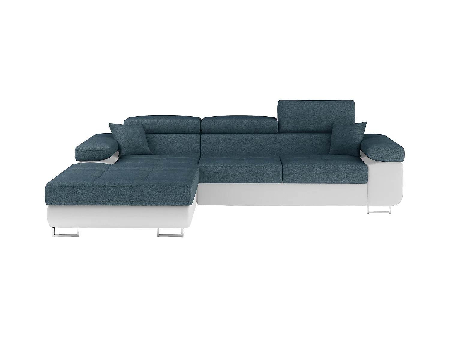 Canapé d'angle convertible Bi matière appuis-tête réglables KALIZO - Coffre et pieds acier chromé-Blanc/Bleu-angle gauche