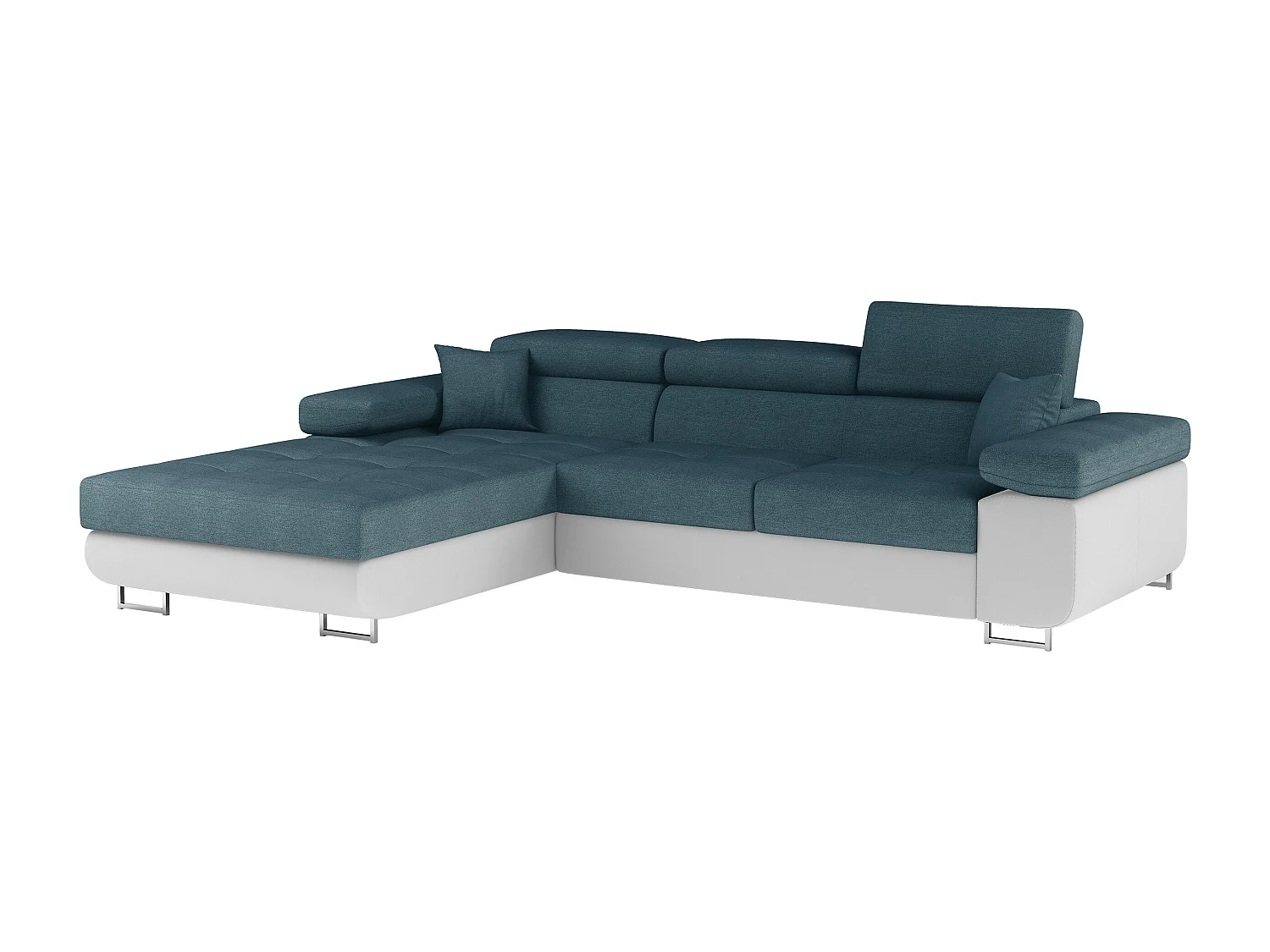 Canapé d'angle convertible Bi matière appuis-tête réglables KALIZO - Coffre et pieds acier chromé-Blanc/Bleu-angle gauche