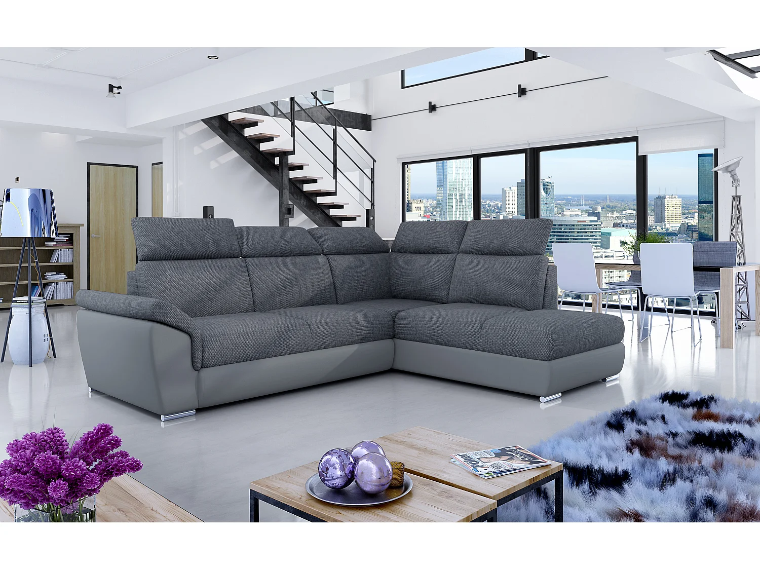 Canapé angle droit convertible tissu et simili gris avec appuis-tête réglables Kepita 260cm