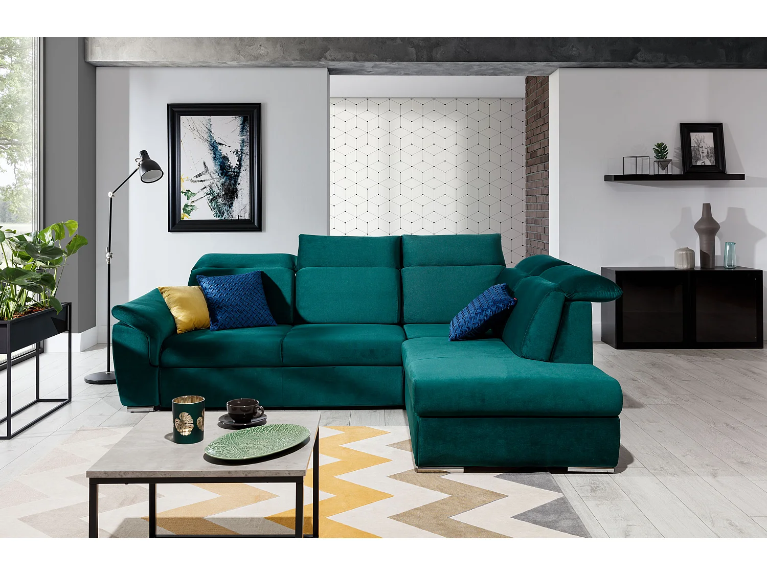 Canapé angle droit convertible tissu et simili gris avec appuis-tête réglables Kepita 260cm