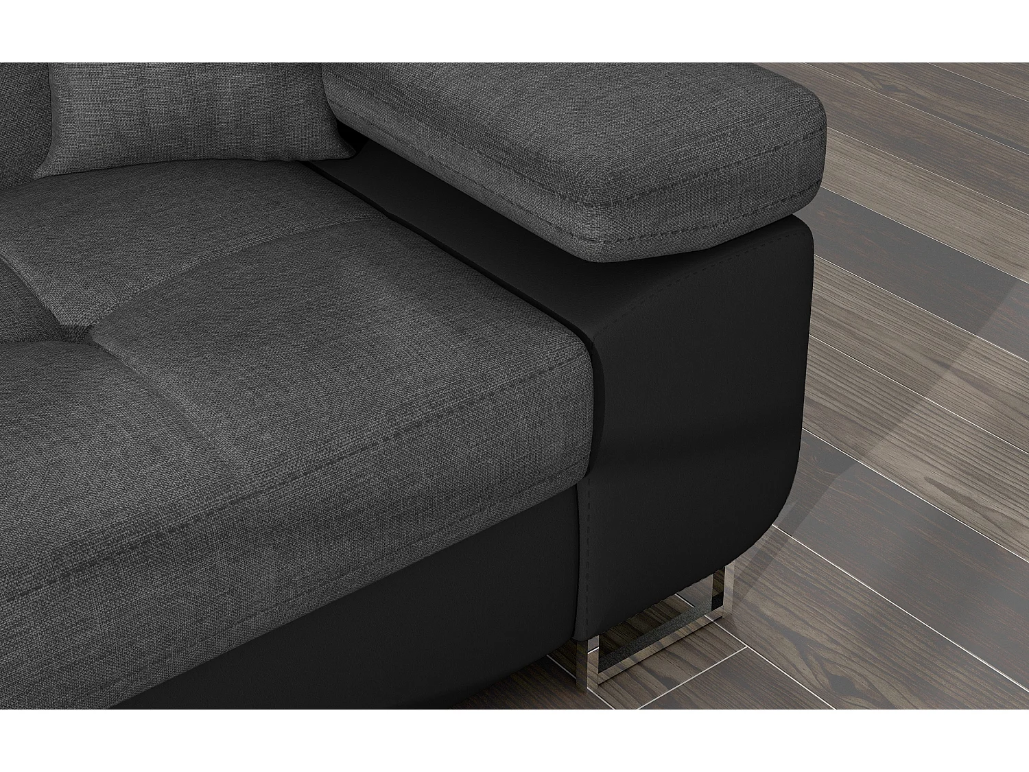 Canapé d'angle convertible Bi matière appuis-tête réglables KALIZO - Coffre et pieds acier chromé-Noir/Gris foncé-angle gauche