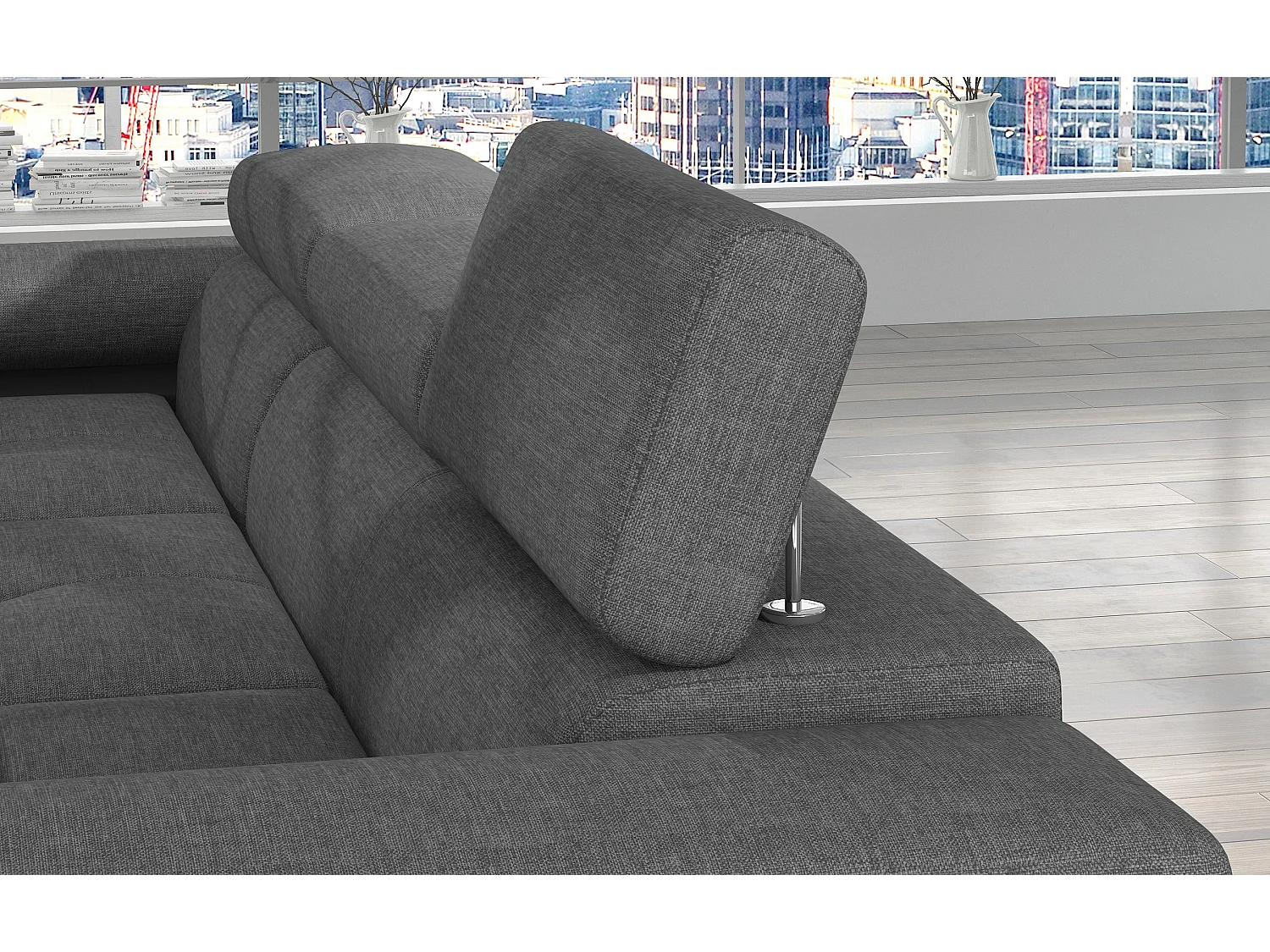 Canapé d'angle convertible Bi matière appuis-tête réglables KALIZO - Coffre et pieds acier chromé-Noir/Gris foncé-angle gauche