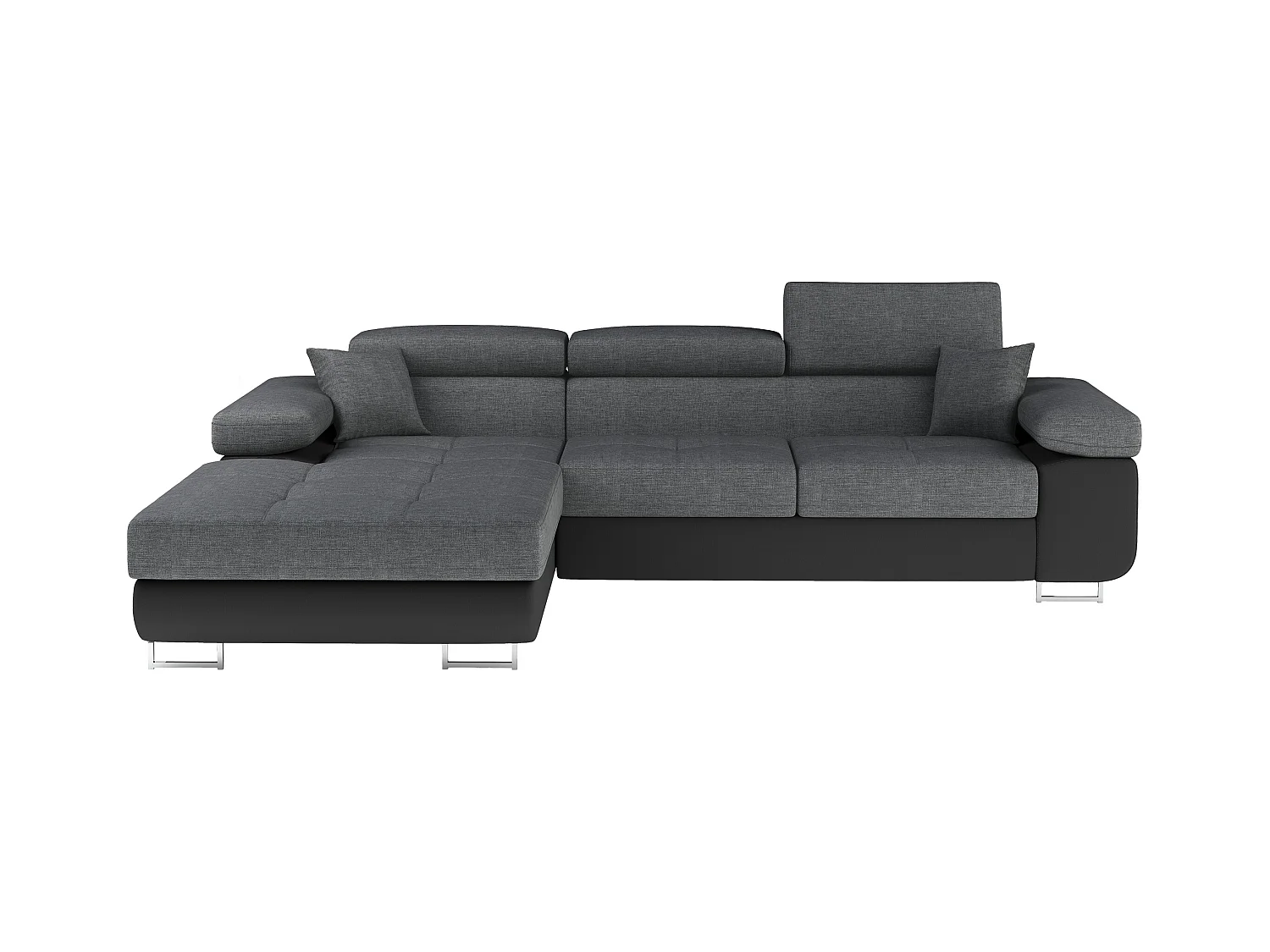 Canapé d'angle convertible Bi matière appuis-tête réglables KALIZO - Coffre et pieds acier chromé-Noir/Gris foncé-angle gauche