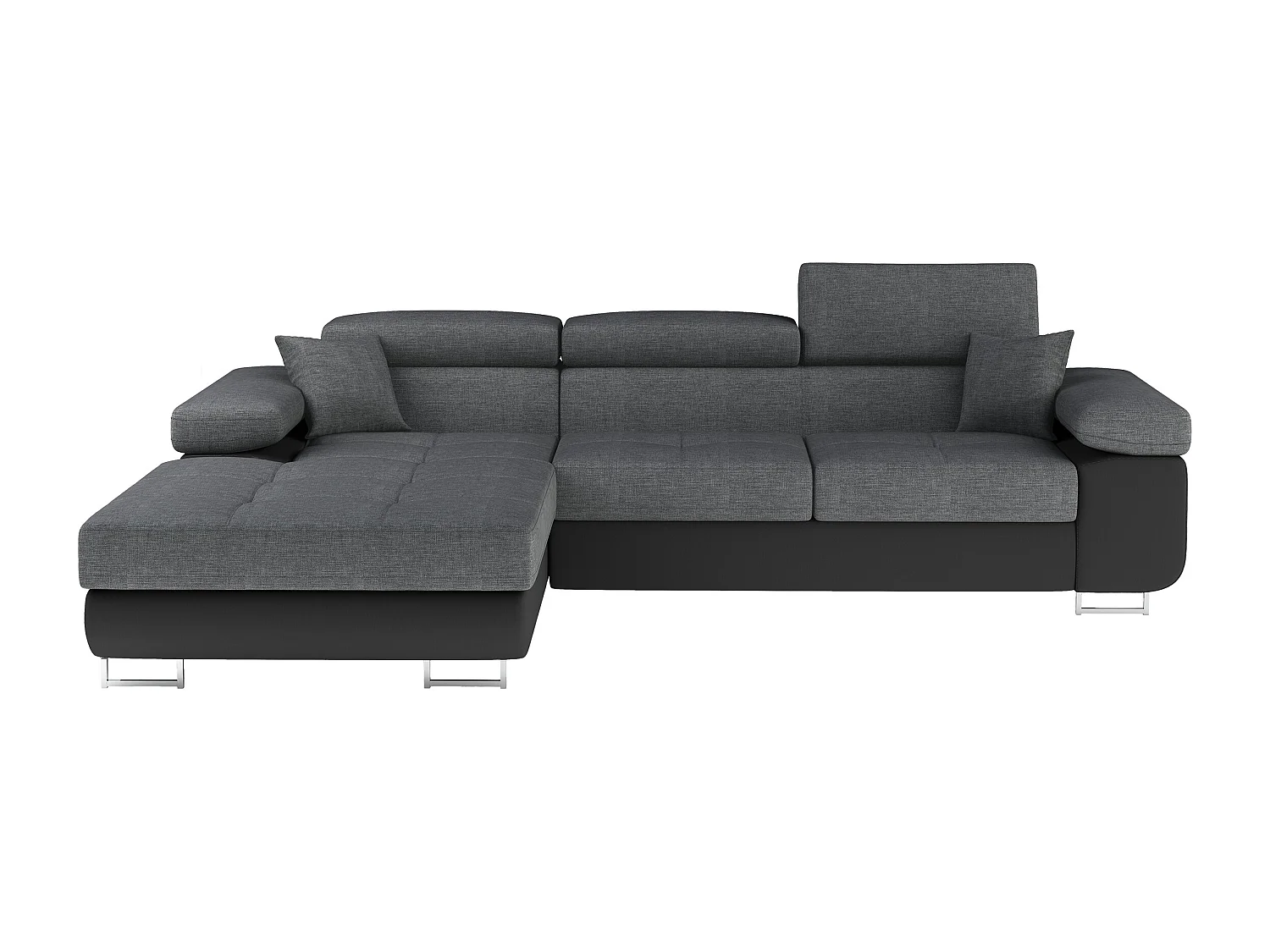 Canapé d'angle convertible Bi matière appuis-tête réglables KALIZO - Coffre et pieds acier chromé-Noir/Gris foncé-angle gauche