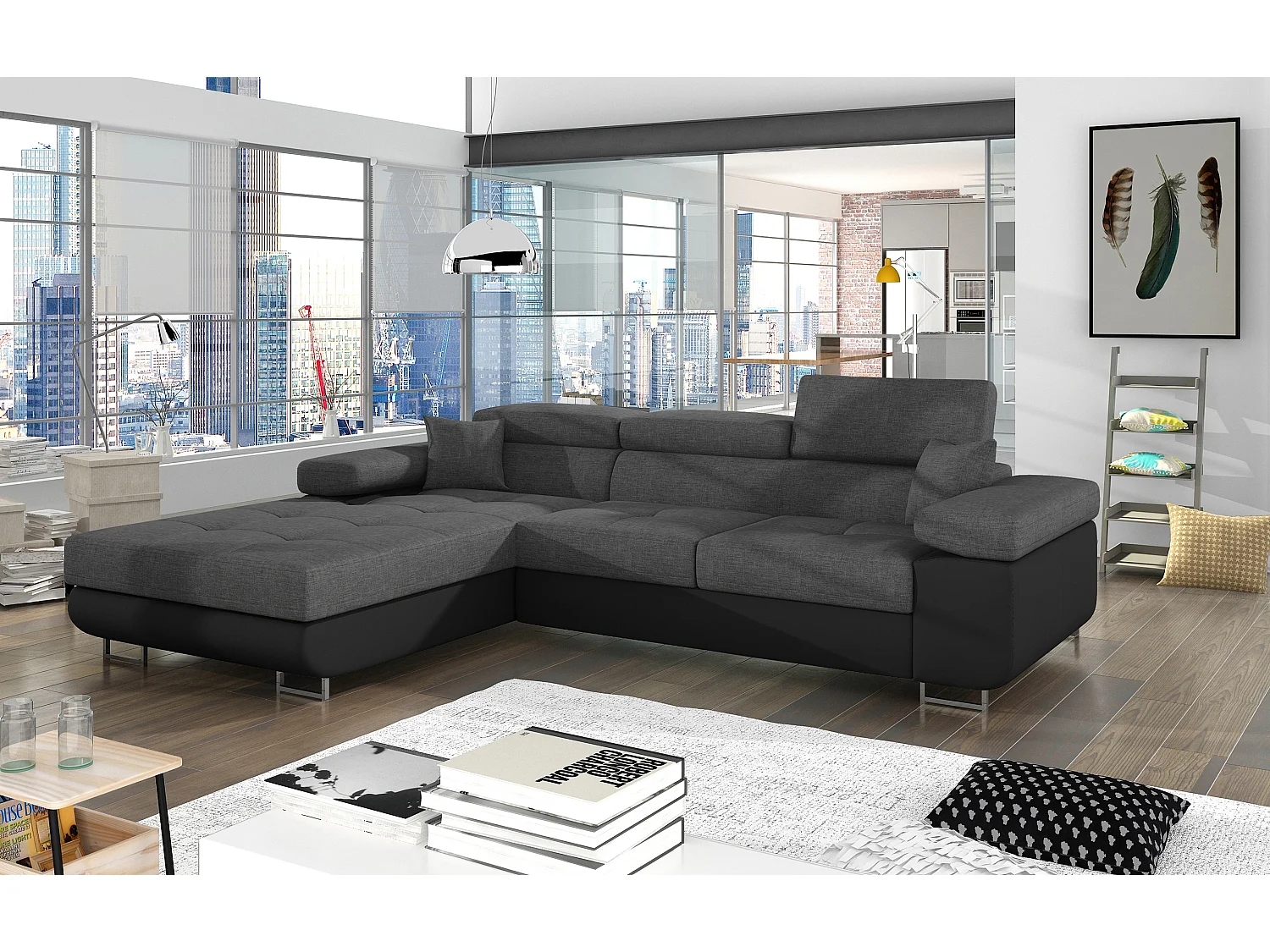 Canapé d'angle convertible Bi matière appuis-tête réglables KALIZO - Coffre et pieds acier chromé-Noir/Gris foncé-angle gauche