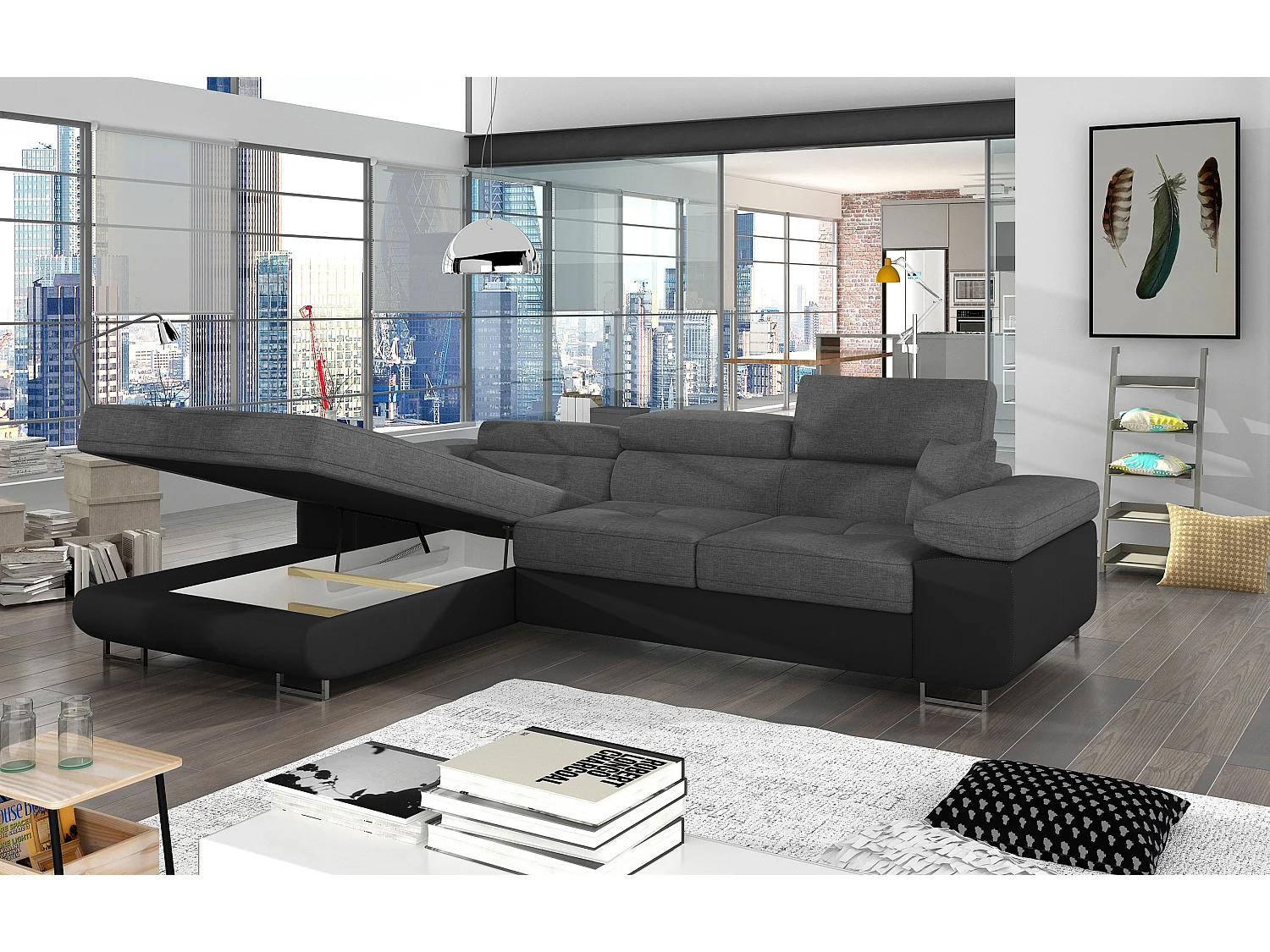 Canapé d'angle convertible Bi matière appuis-tête réglables KALIZO - Coffre et pieds acier chromé-Noir/Gris foncé-angle gauche