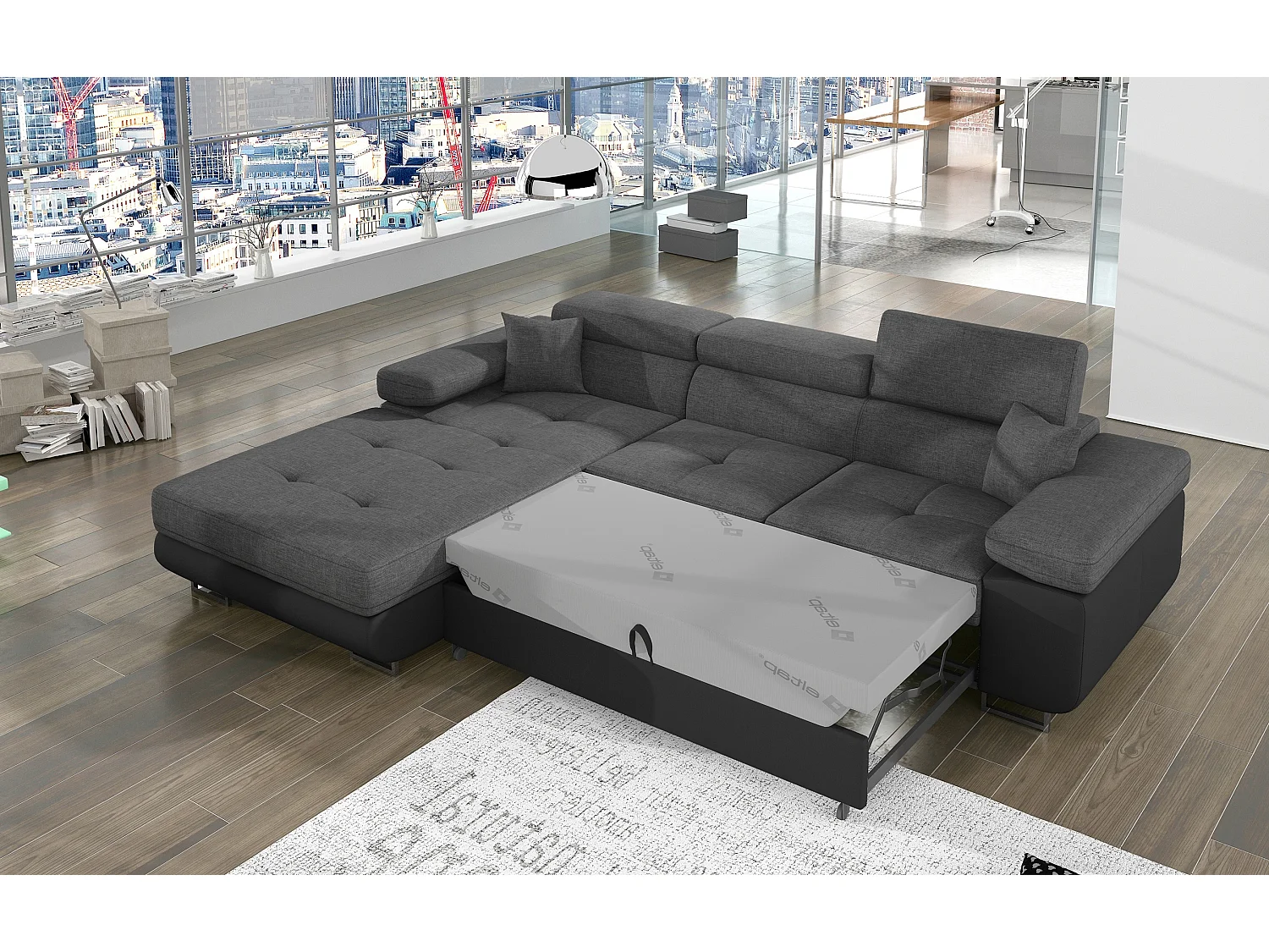 Canapé d'angle convertible Bi matière appuis-tête réglables KALIZO - Coffre et pieds acier chromé-Noir/Gris foncé-angle gauche