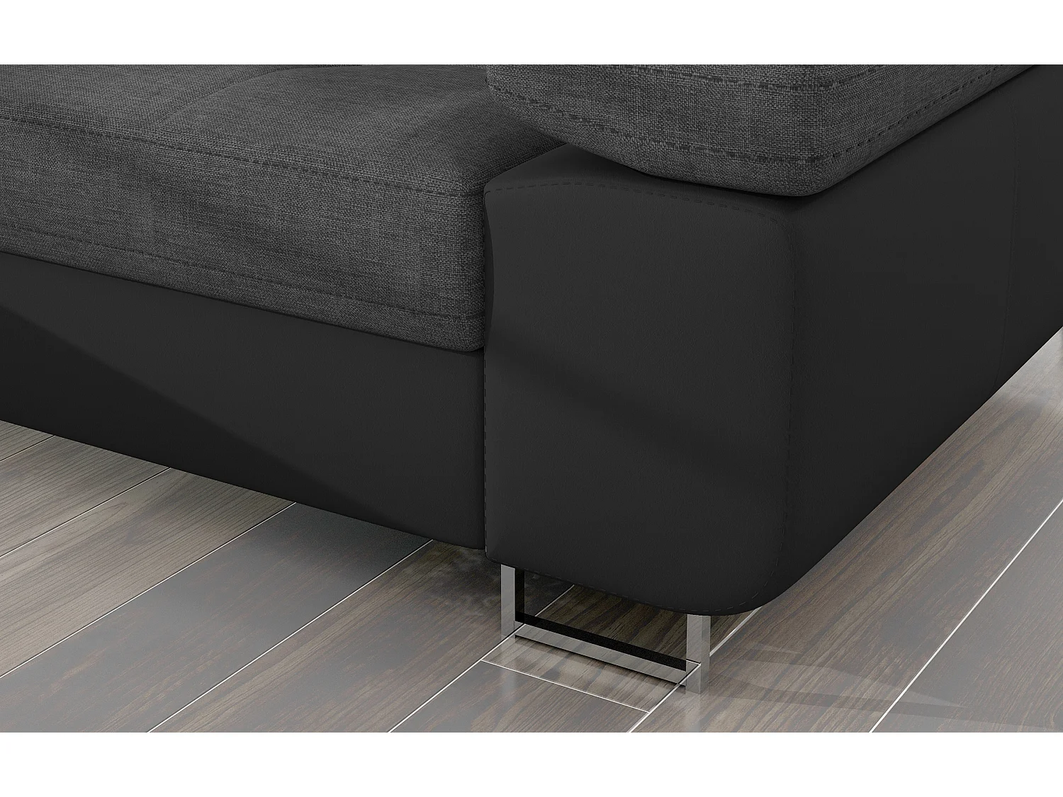 Canapé d'angle convertible Bi matière appuis-tête réglables KALIZO - Coffre et pieds acier chromé-Noir/Gris foncé-angle gauche