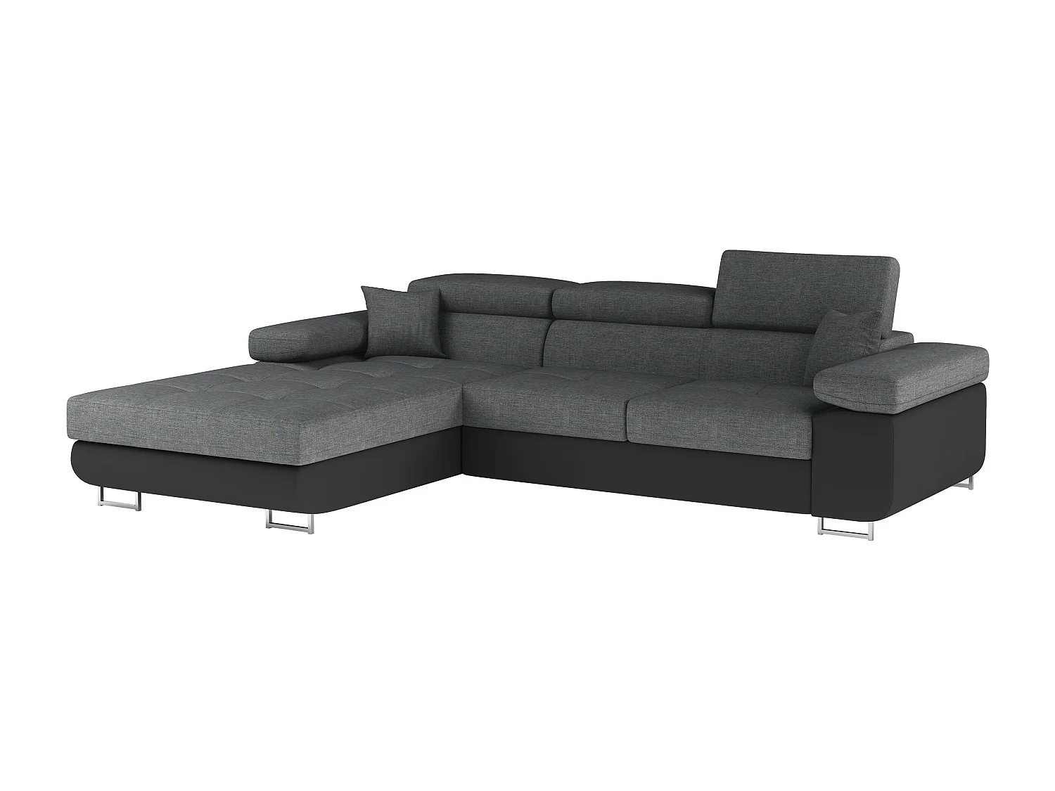 Canapé d'angle convertible Bi matière appuis-tête réglables KALIZO - Coffre et pieds acier chromé-Noir/Gris foncé-angle gauche