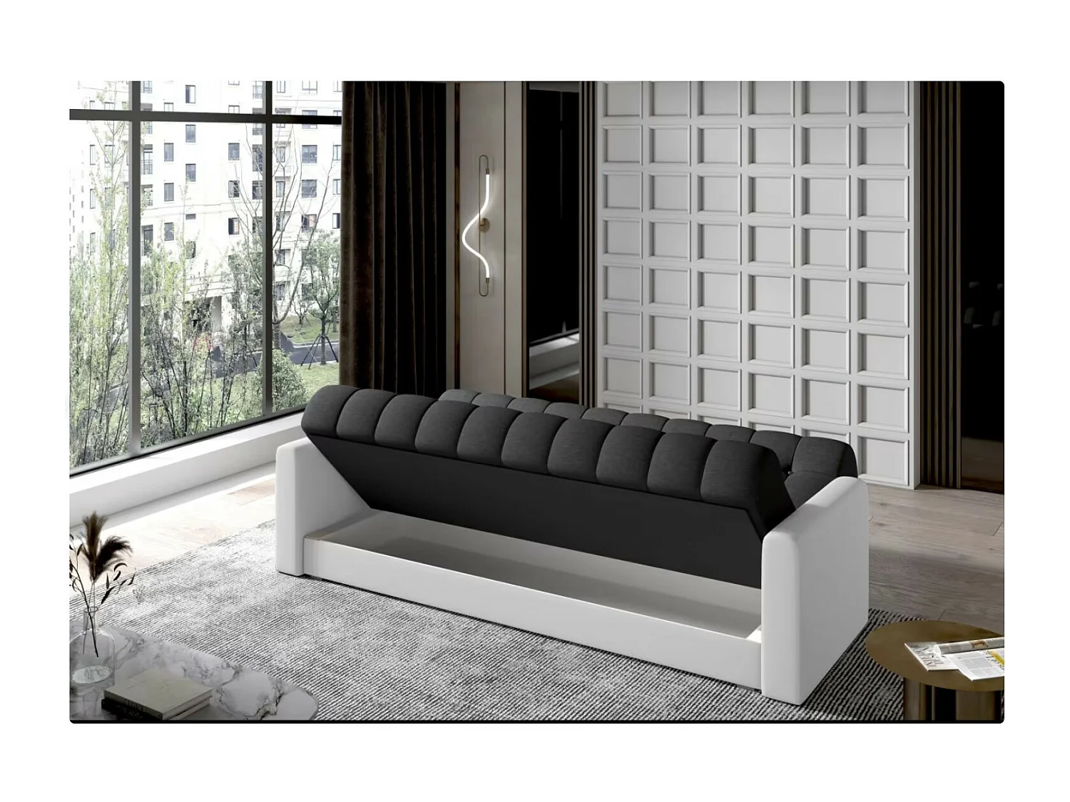 3-zits slaapbank in donkergrijze stof en wit kunstleer Barote 210 cm