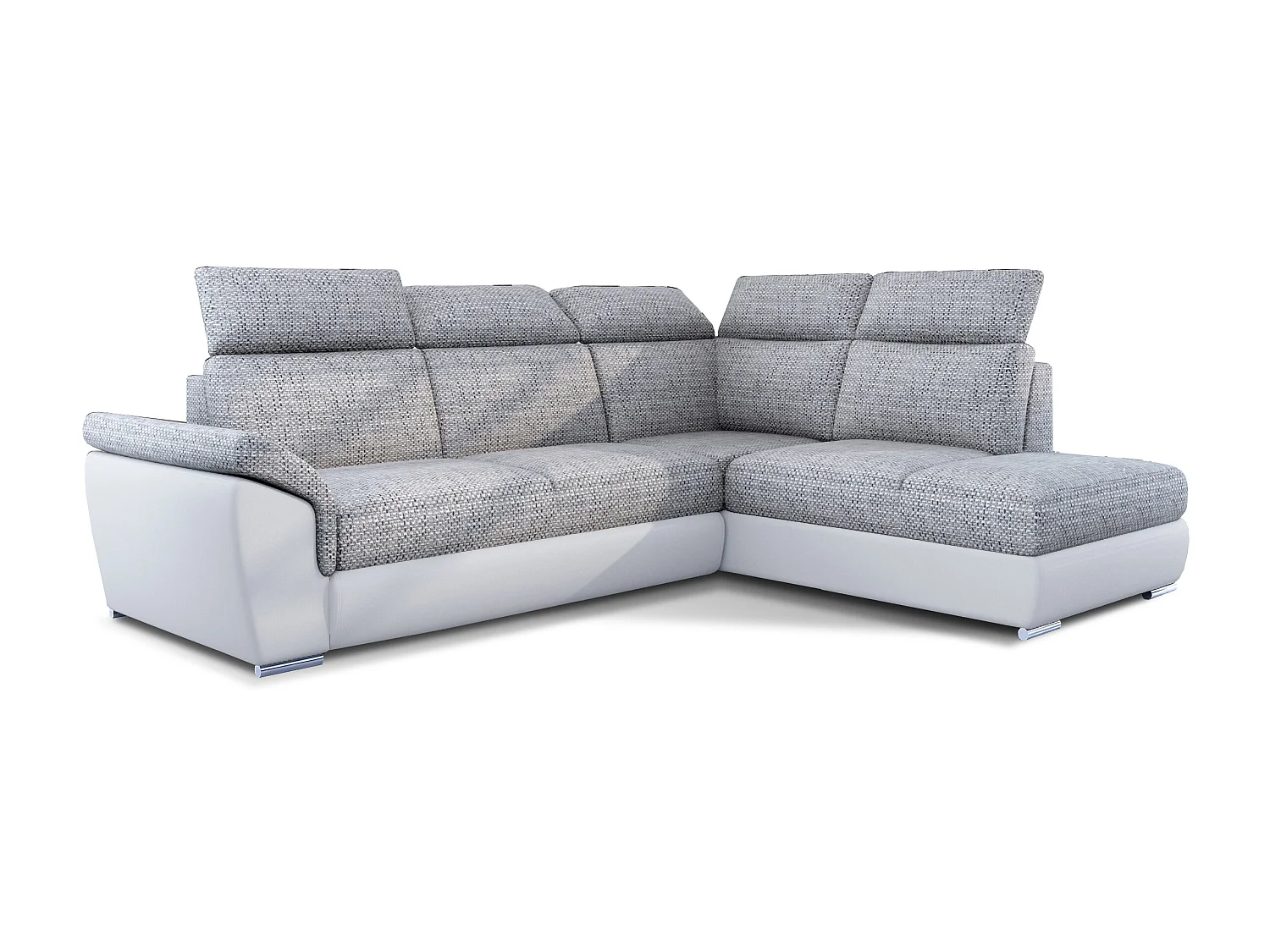 Canapé angle droit convertible tissu gris chiné et simili blanc avec appuis-tête réglables Kepita 260cm