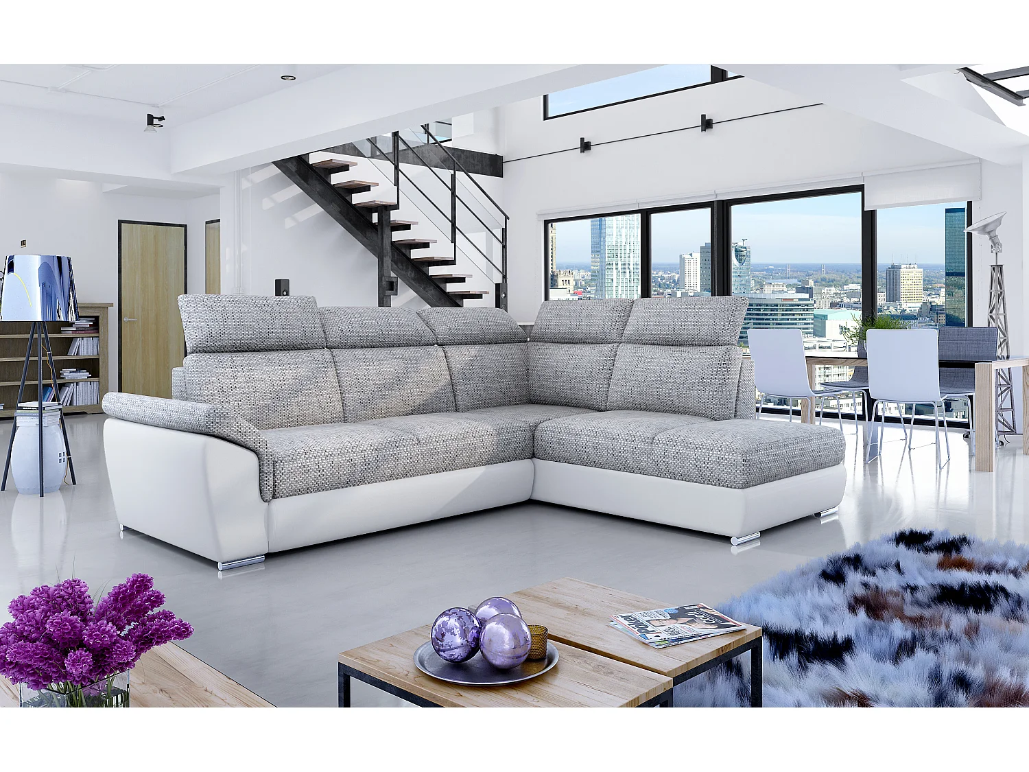 Canapé angle droit convertible tissu gris chiné et simili blanc avec appuis-tête réglables Kepita 260cm