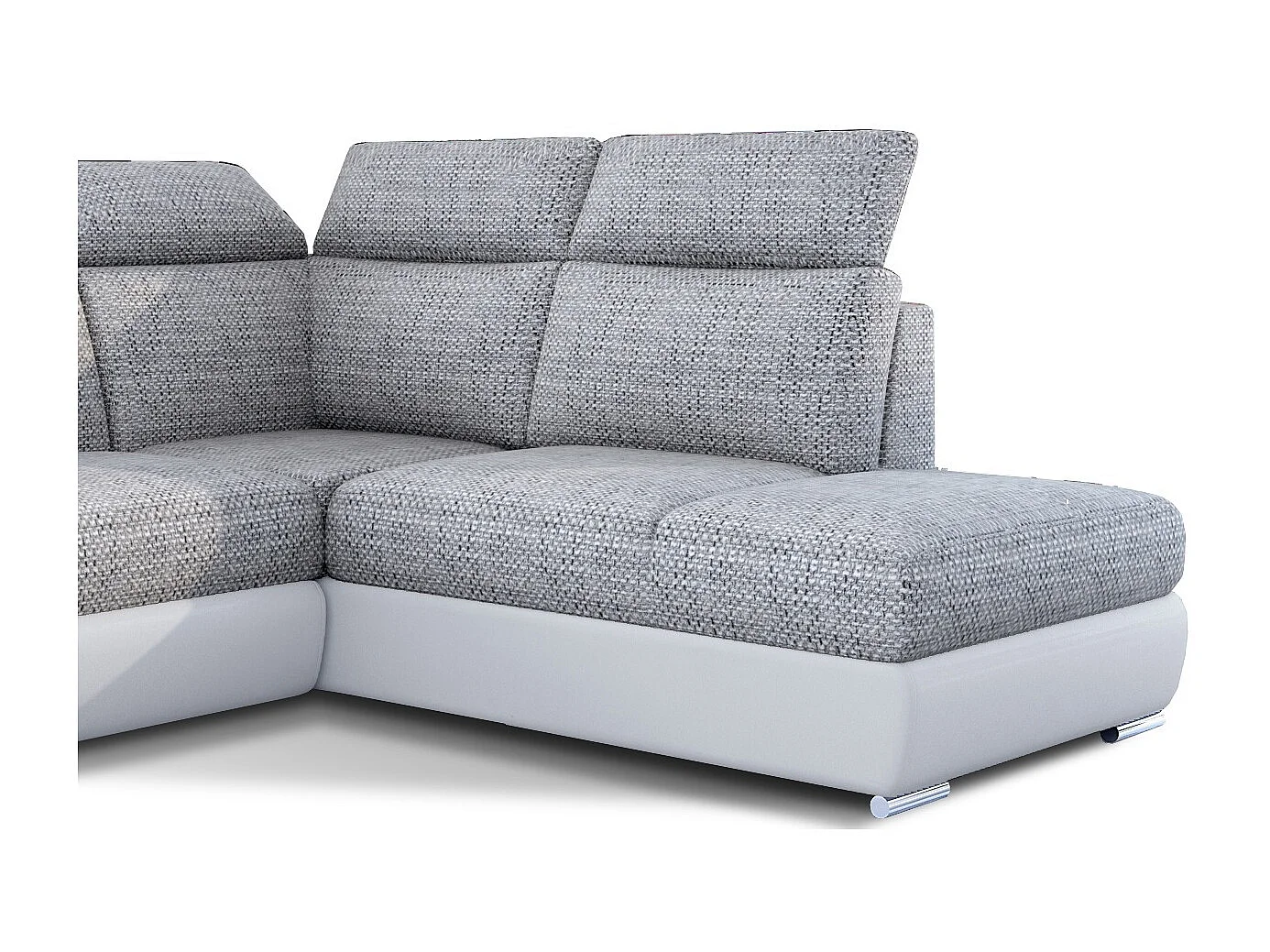 Canapé angle droit convertible tissu gris chiné et simili blanc avec appuis-tête réglables Kepita 260cm